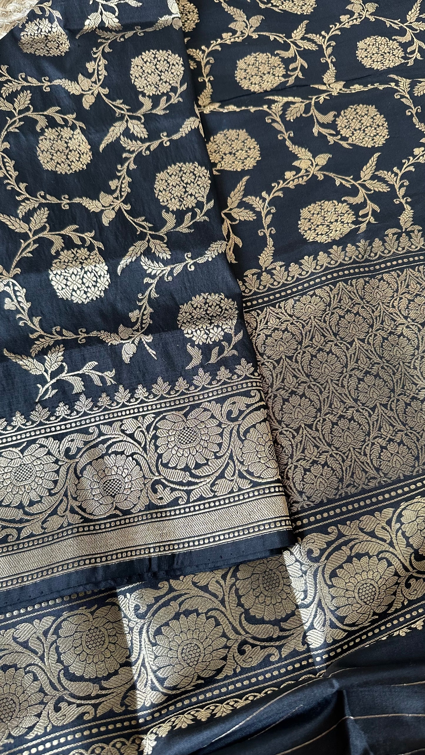 Black katan silk kadhwa weave dupatta.