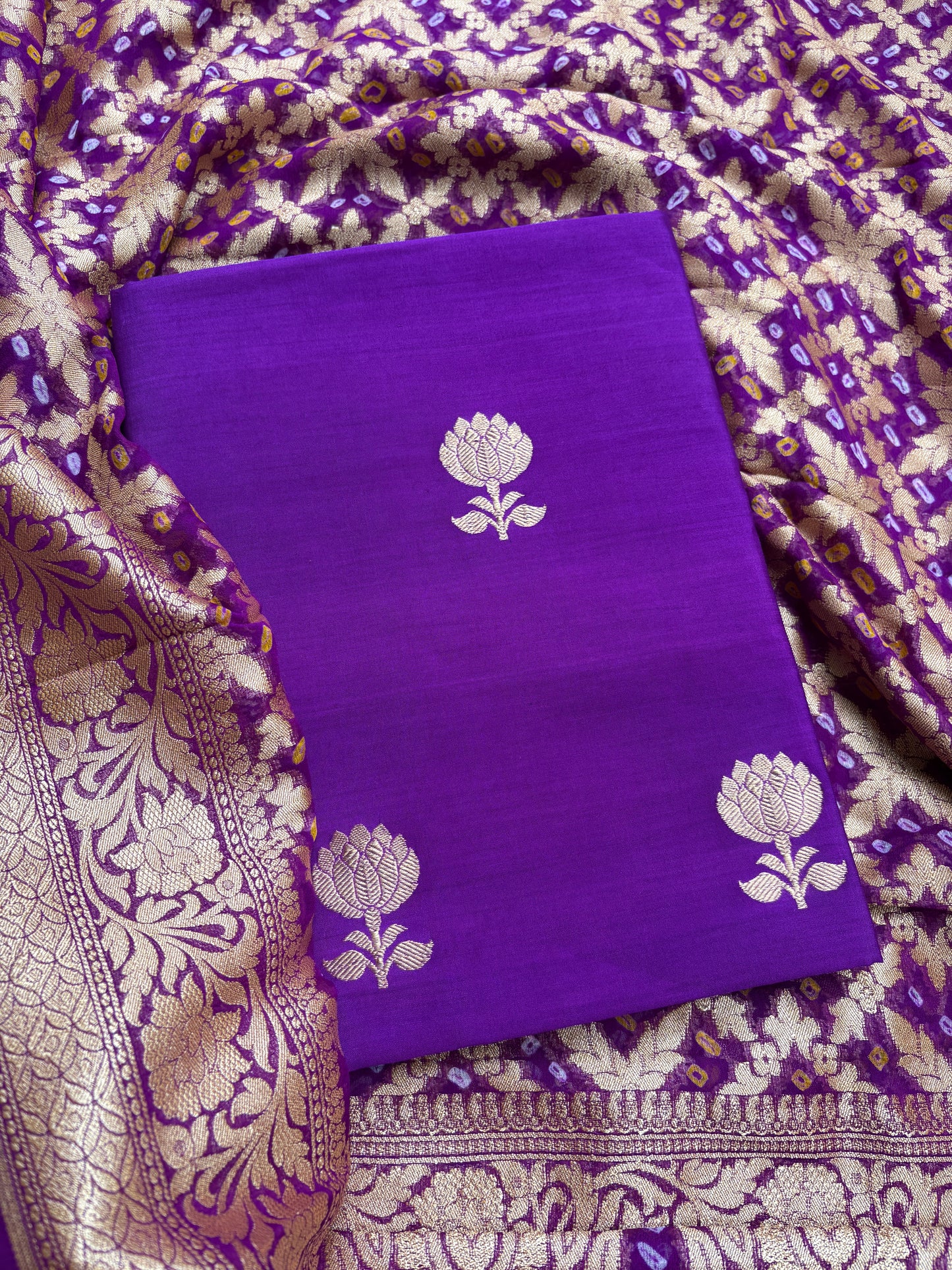 Purple Chiniya kurta , bottom khaadi bandhani dupatta