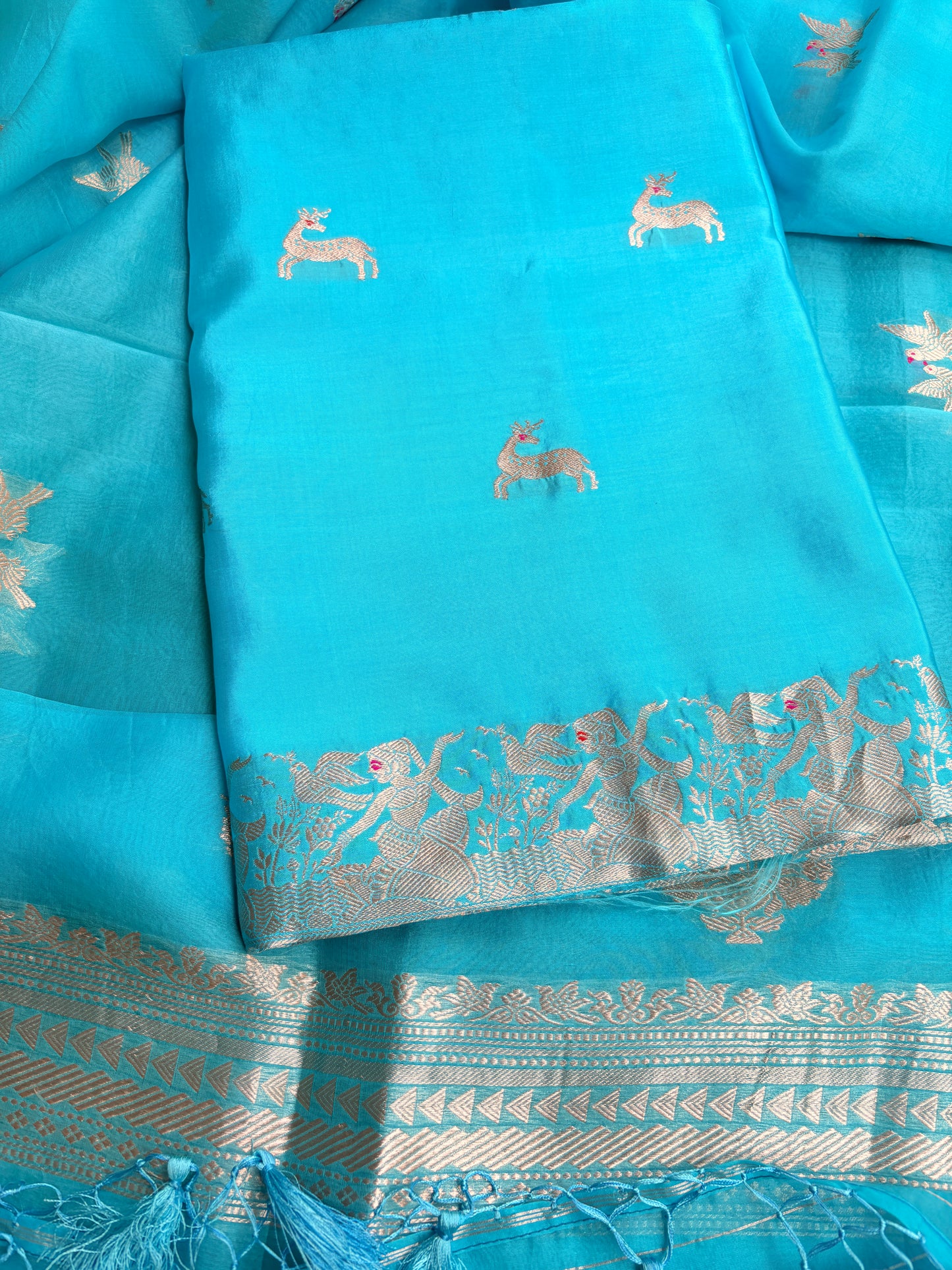Blue pure silk kadhwa motif suit set