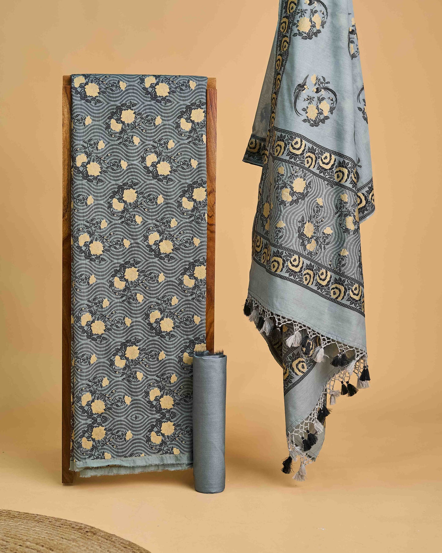 Grey flower weaving chanderi 3 piece suit set