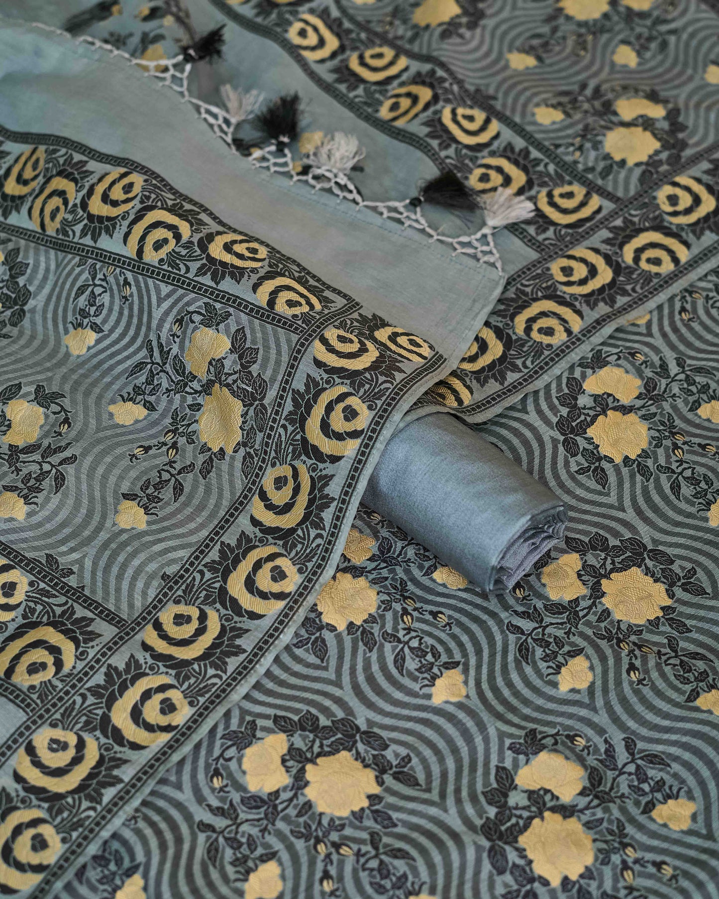 Grey flower weaving chanderi 3 piece suit set