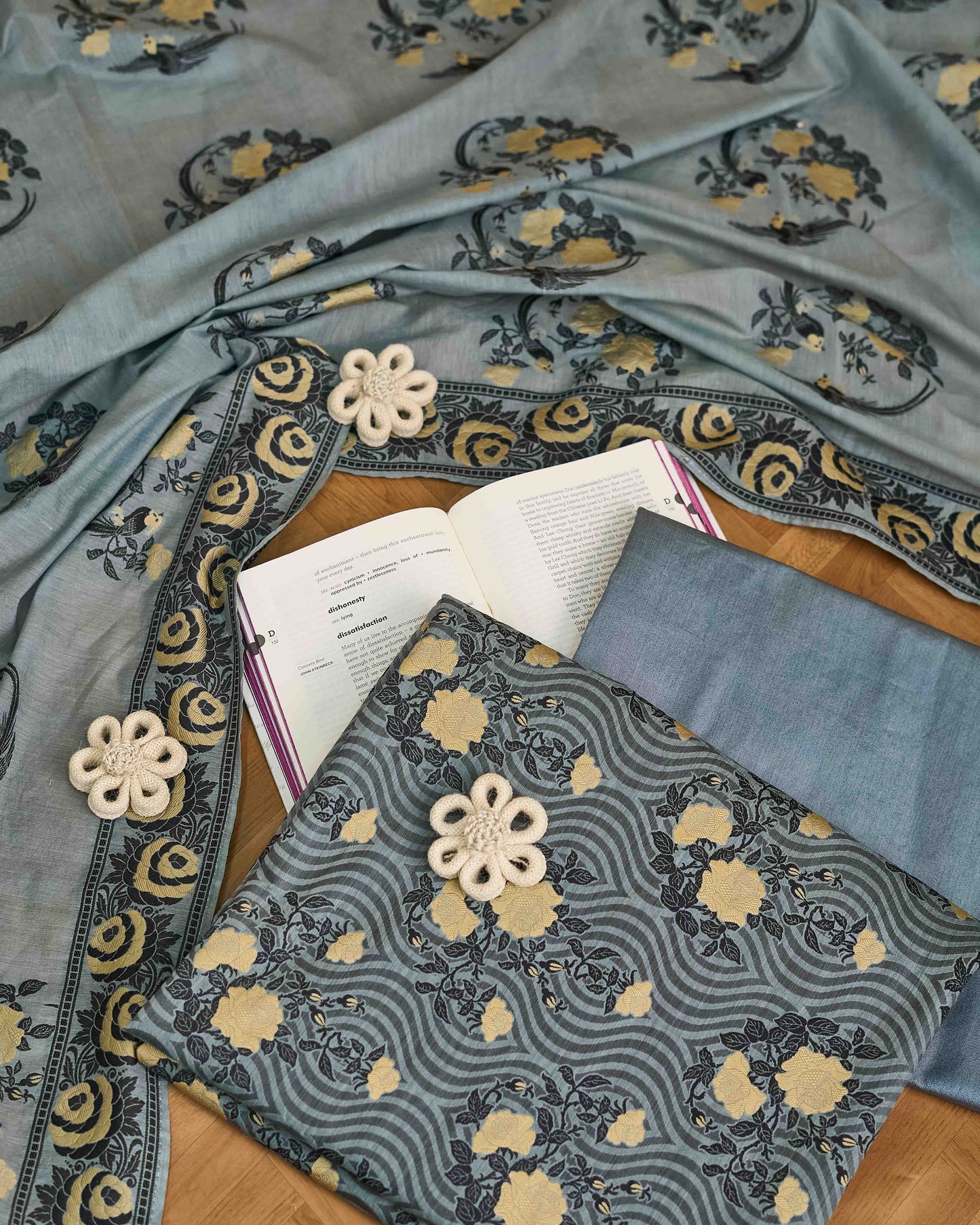 Grey flower weaving chanderi 3 piece suit set