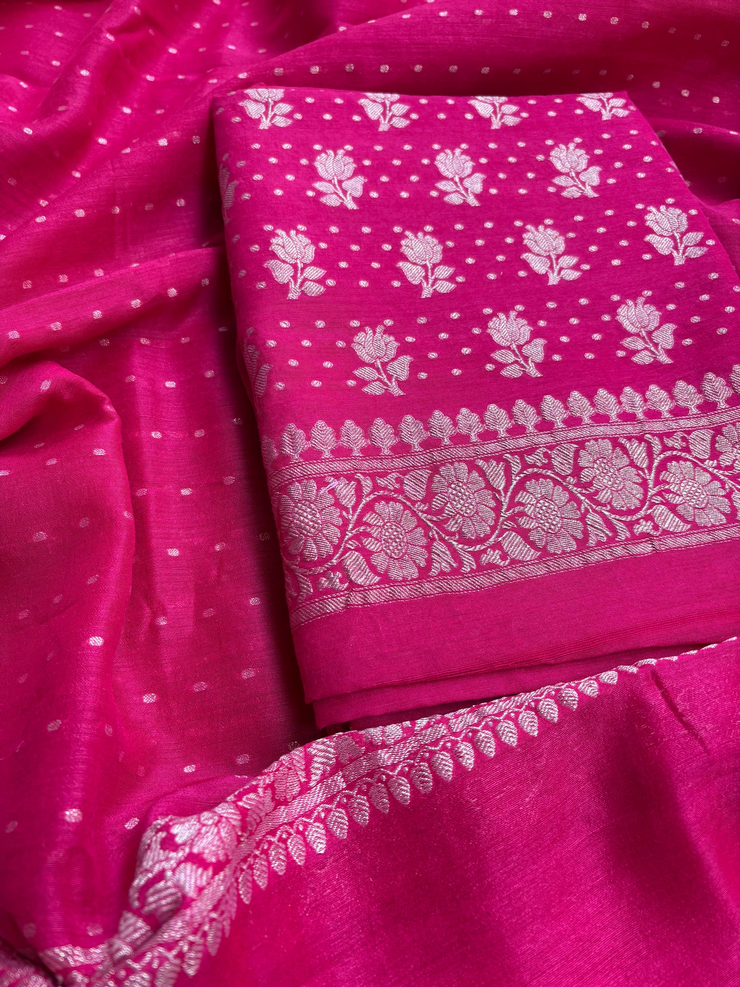 Rani pink moonga chiffon 3 piece suit set