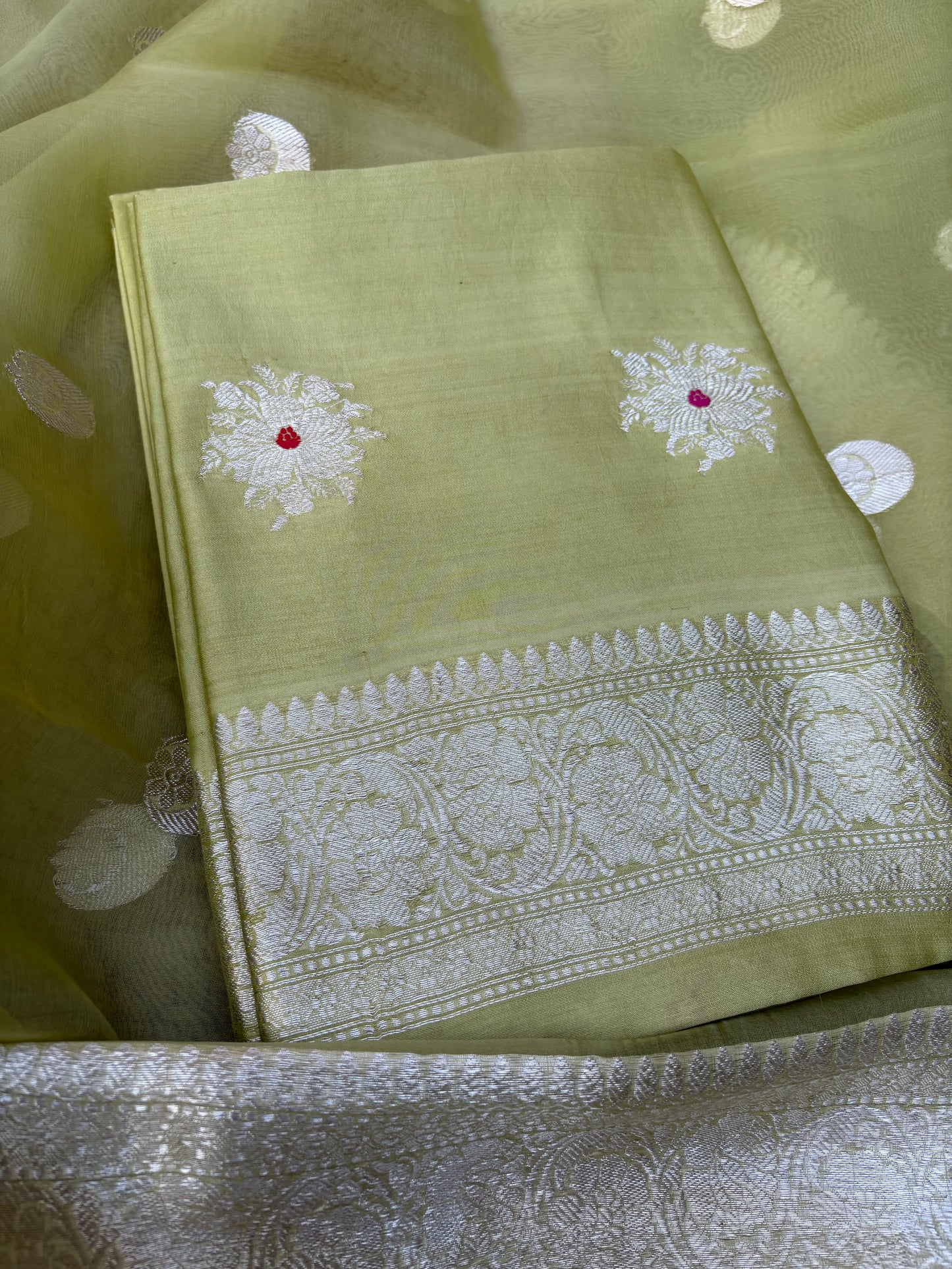 Green Chiniya silk silver zari 3 piece suit set