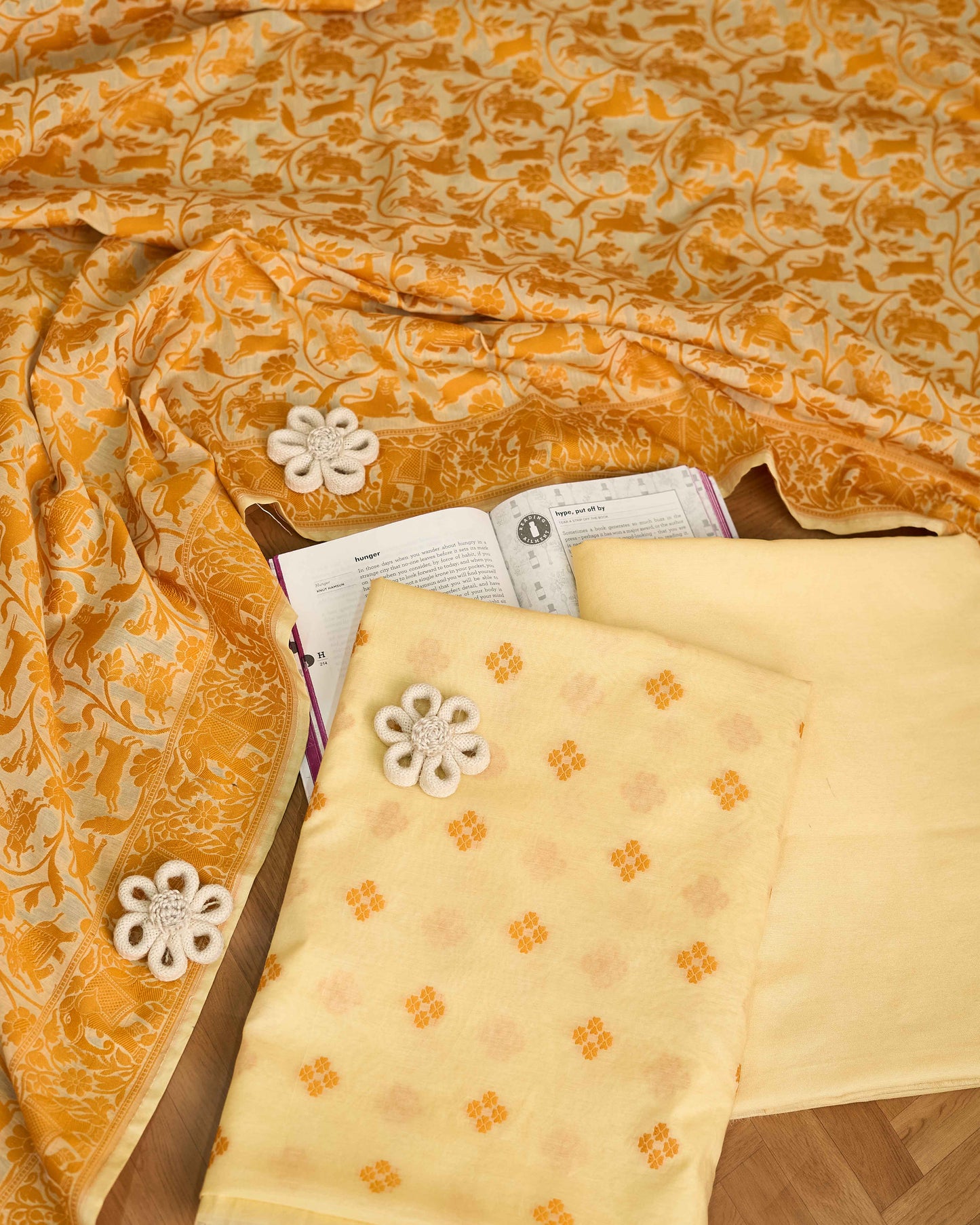 Yellow booti kurta, shikargah dupatta, plain bottom