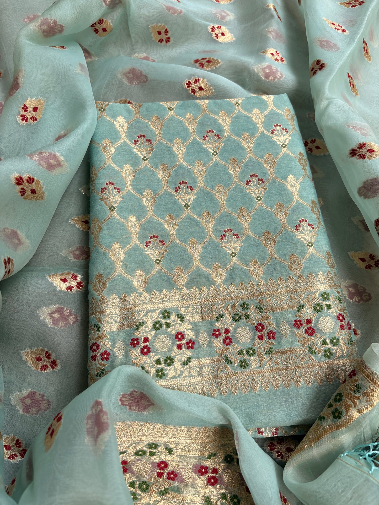 Blue moonga silk kurta, kora silk kadhwa dupatta , plain bottom
