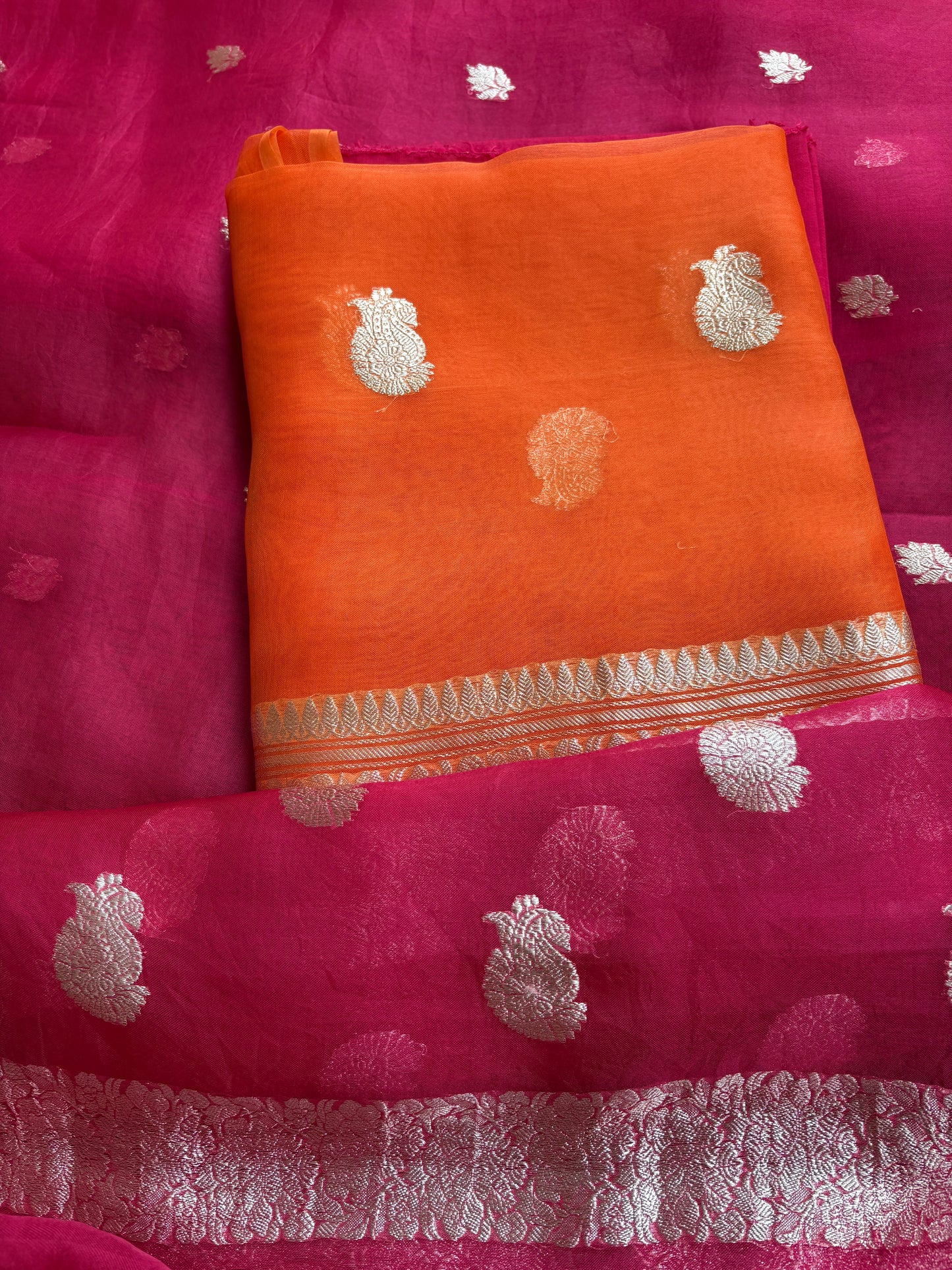 Orange pink kora kadhwa silver zari suit set