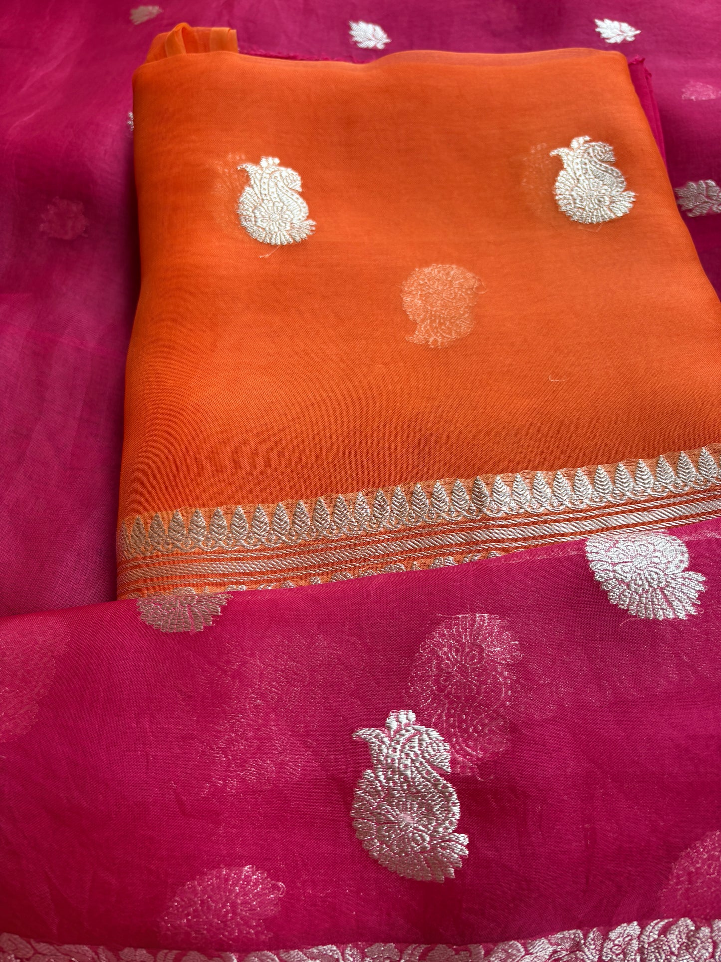 Orange pink kora kadhwa silver zari suit set