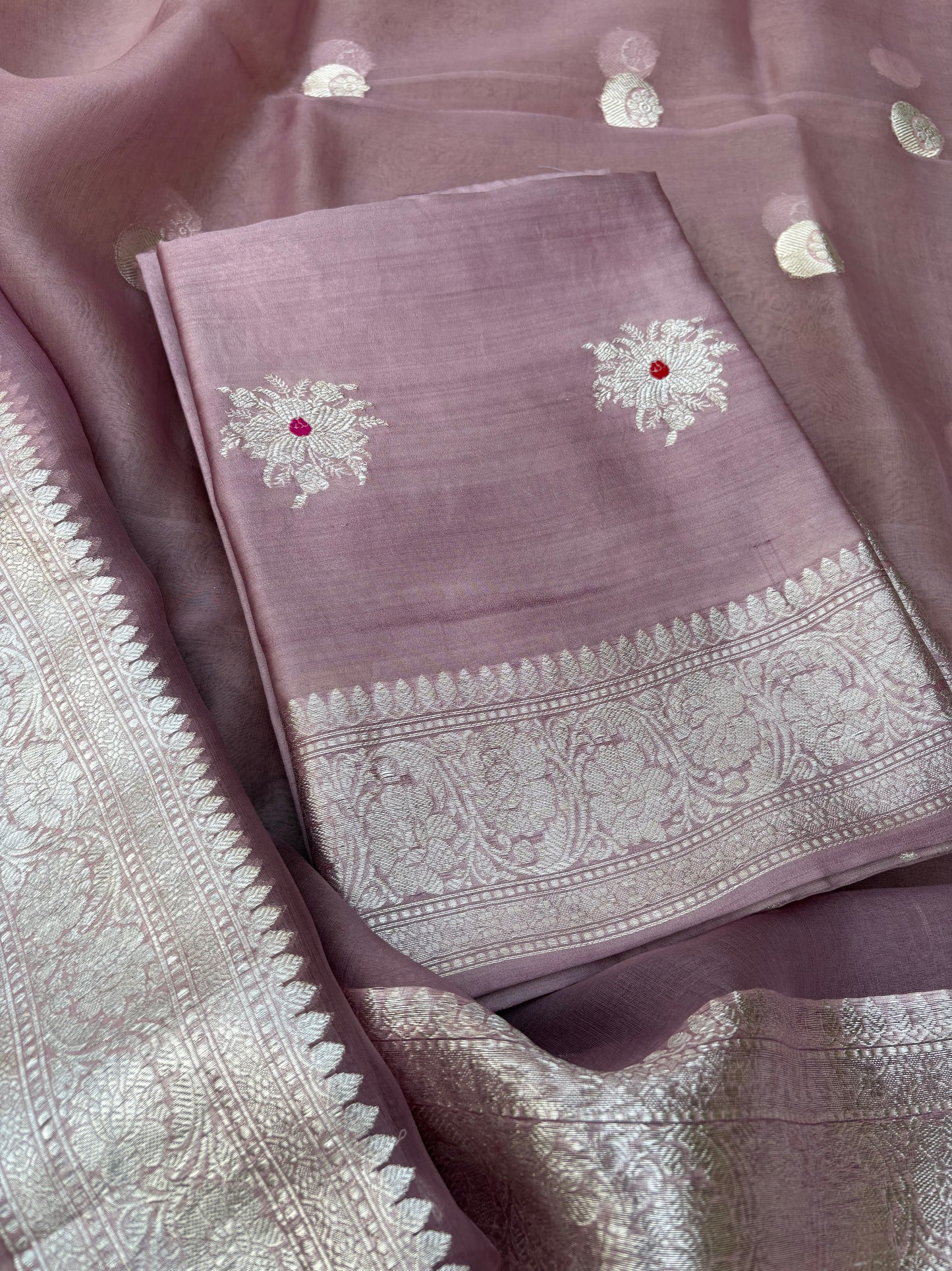 Lavender Chiniya kora silver zari 3 piece suit set