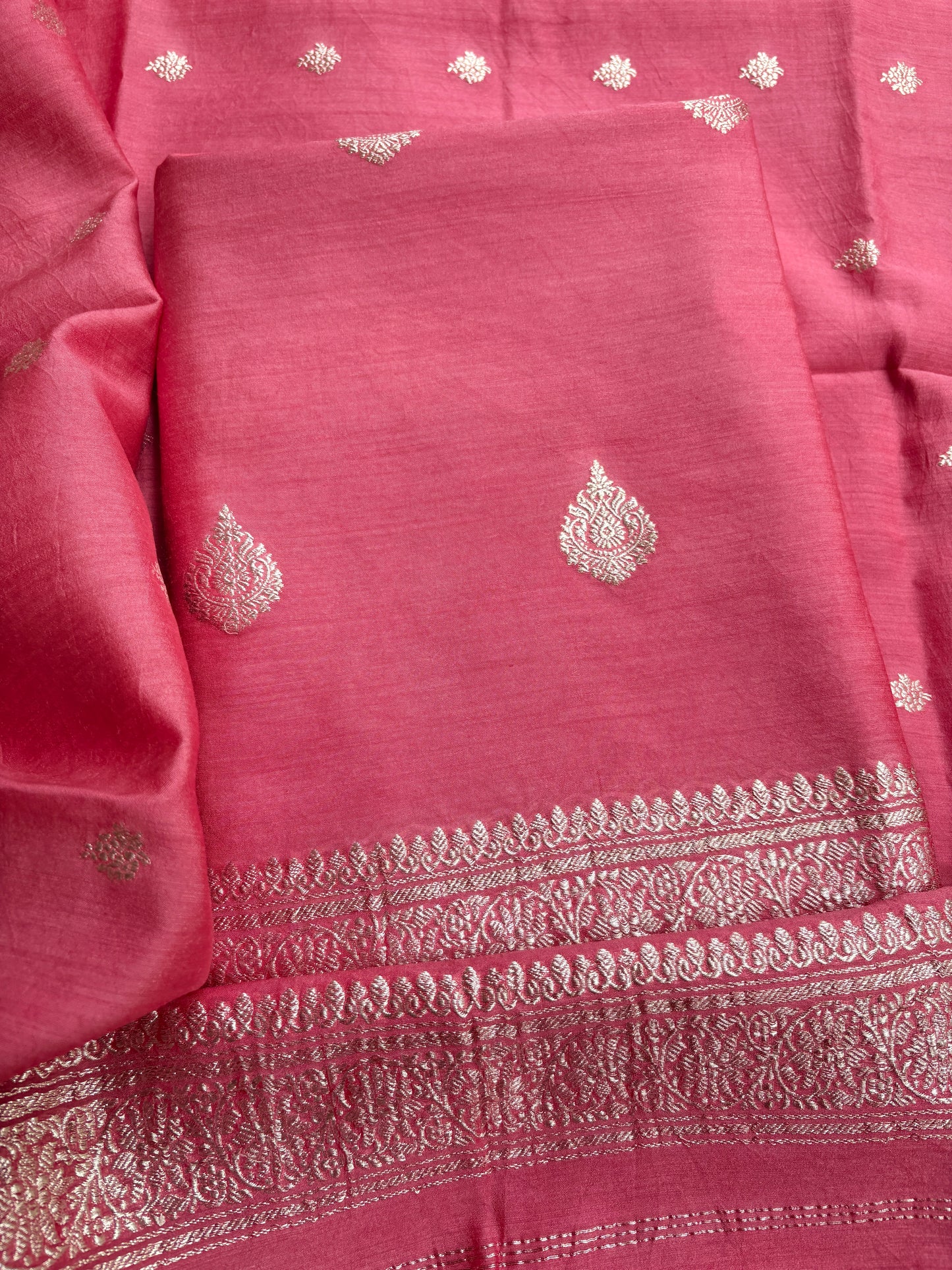 Peach moonga silk silver zari 3 piece suit set