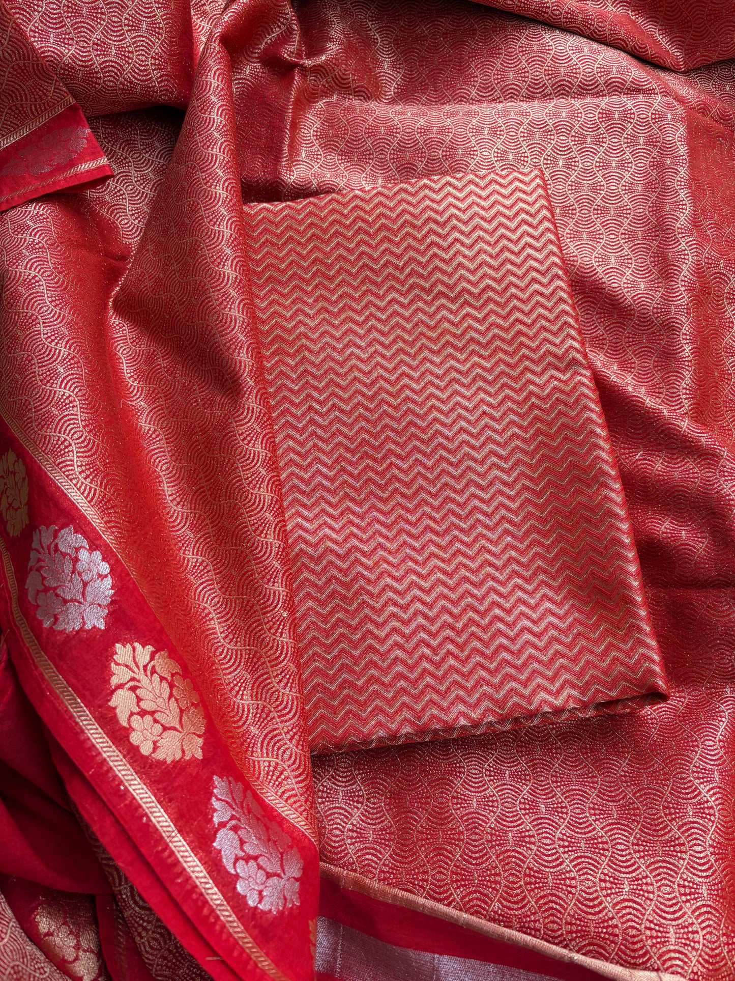 Red cotton tissue silk suit set