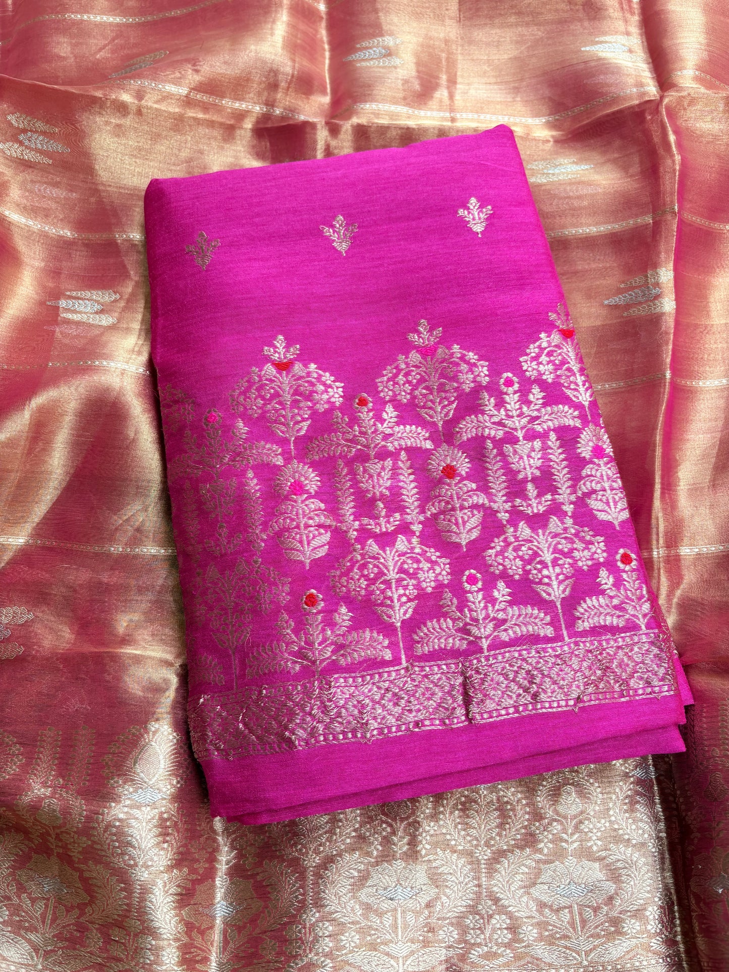 Pink moonga kadhwa suit with tissue kadhwa dupatta