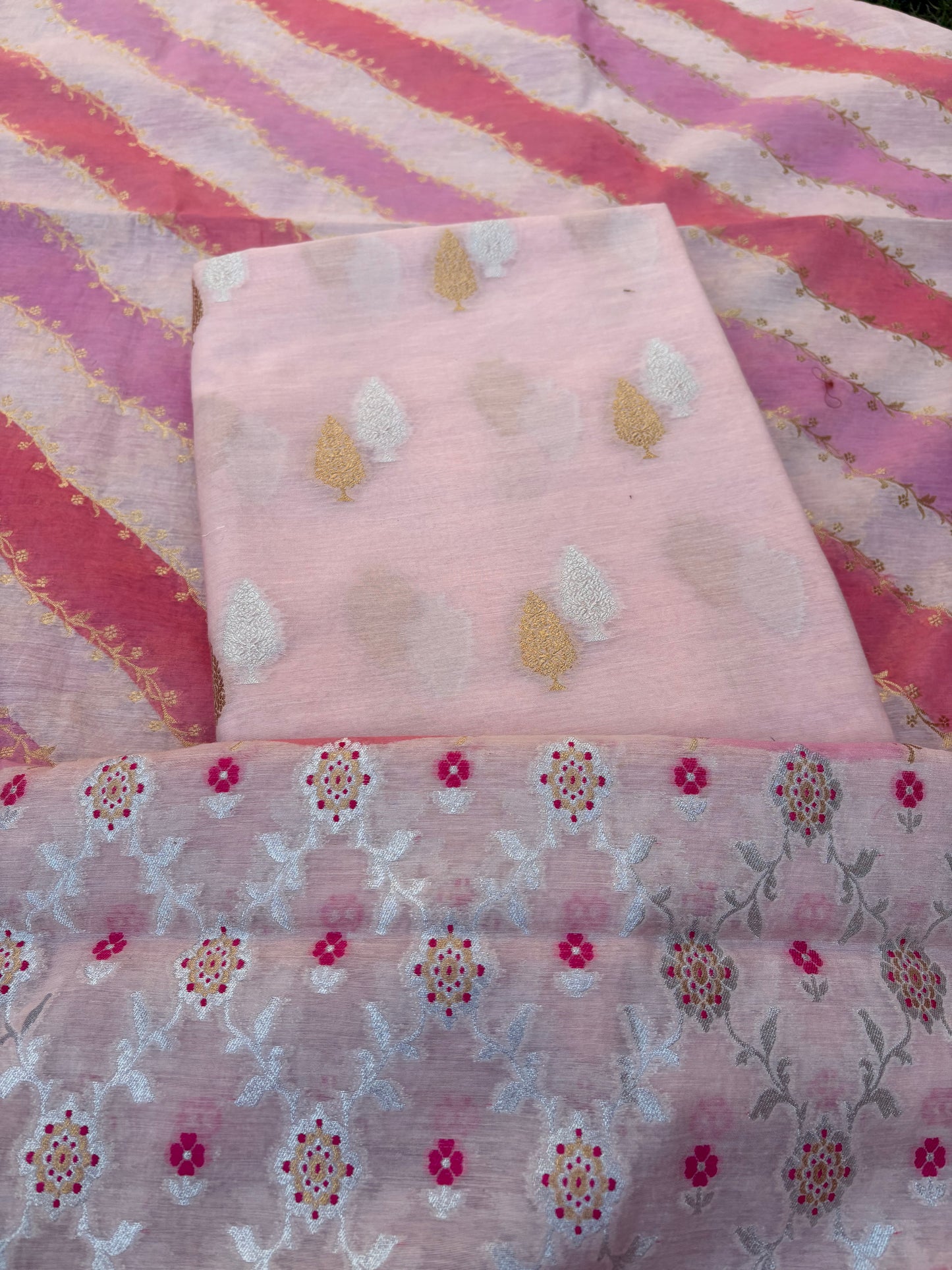Pink Chanderi kurta, rangkat dupatta , plain bottom