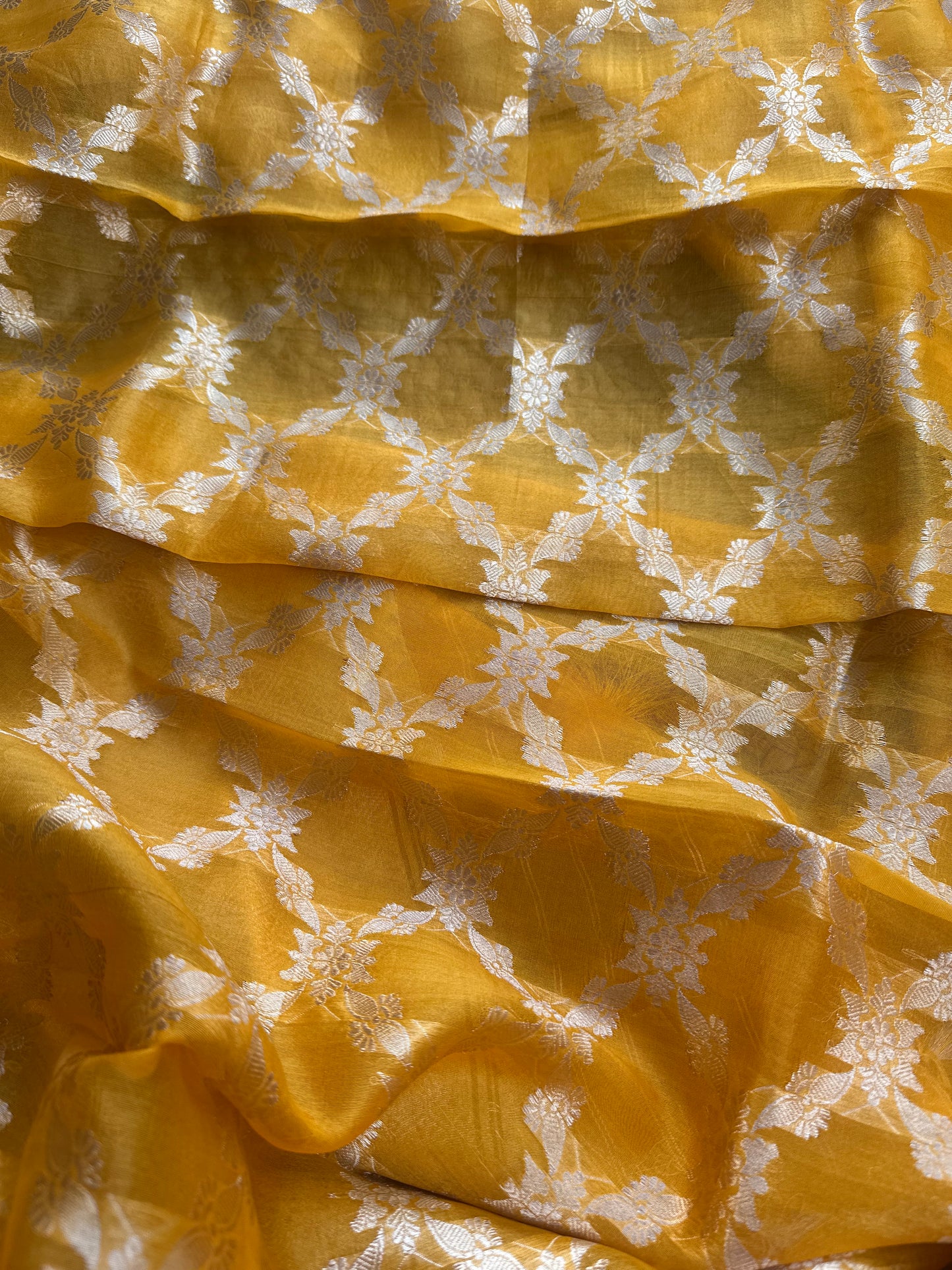 Yellow chiniya silk kadhwa weave , kora silk dupatta, plain silk bottom