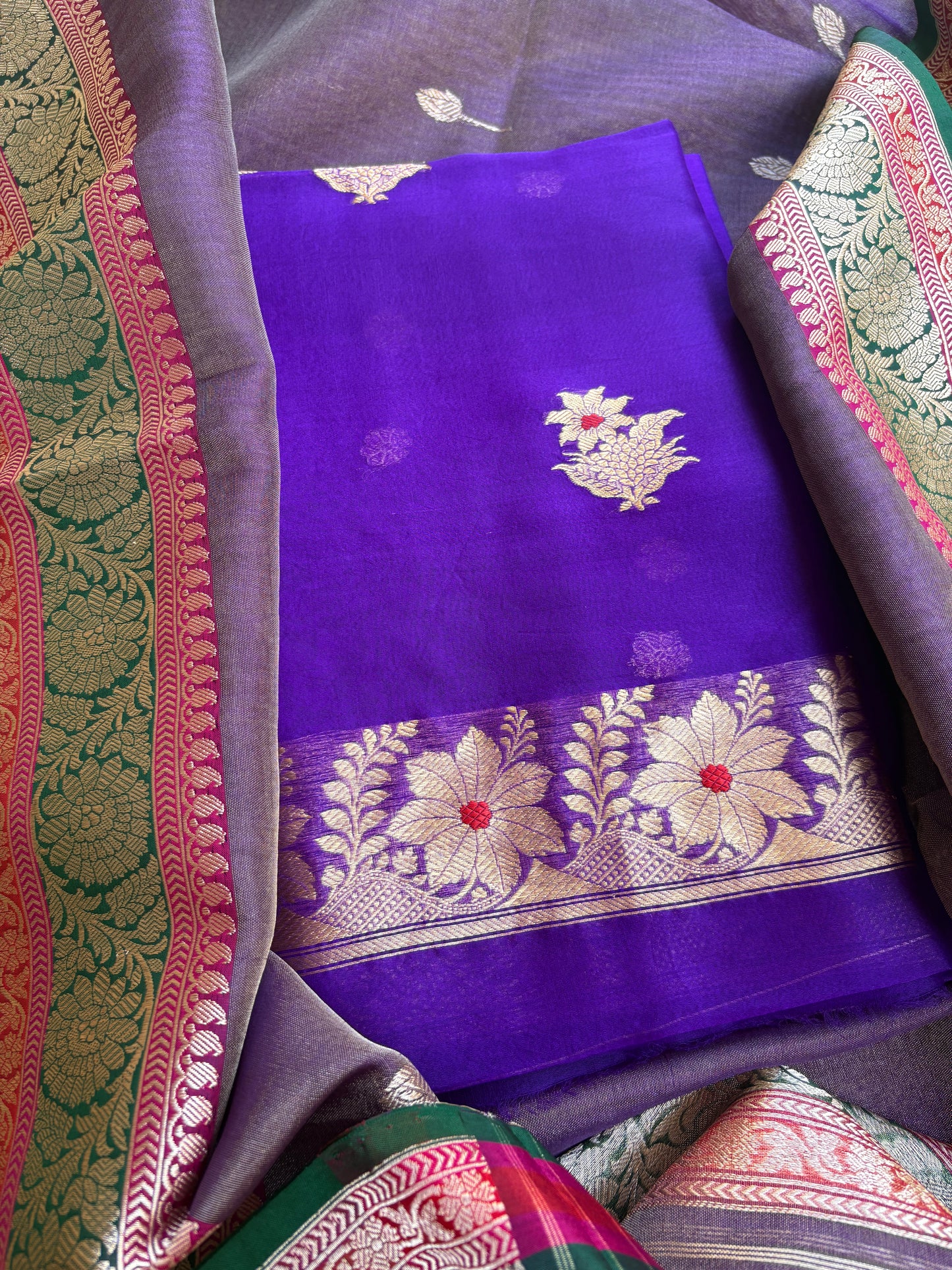 Purple kora kurta, kadhwa kora tissue dupatta, pure silk bottom