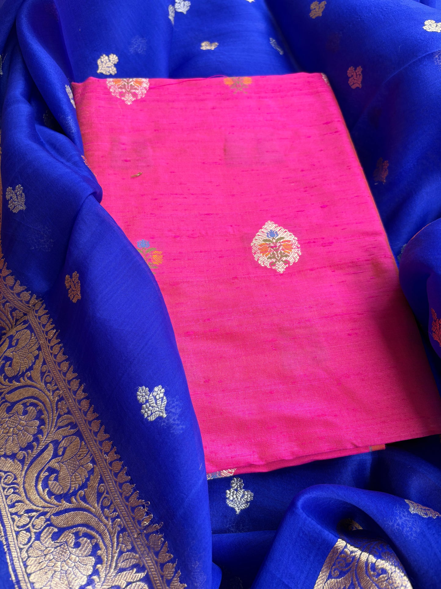 Pure raw silk kadhwa kurta, bottom and kora silk dupatta