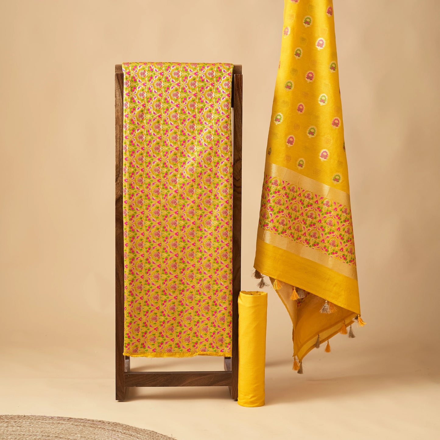 Yellow Full jaal kurta, designer dupatta, plain bottom