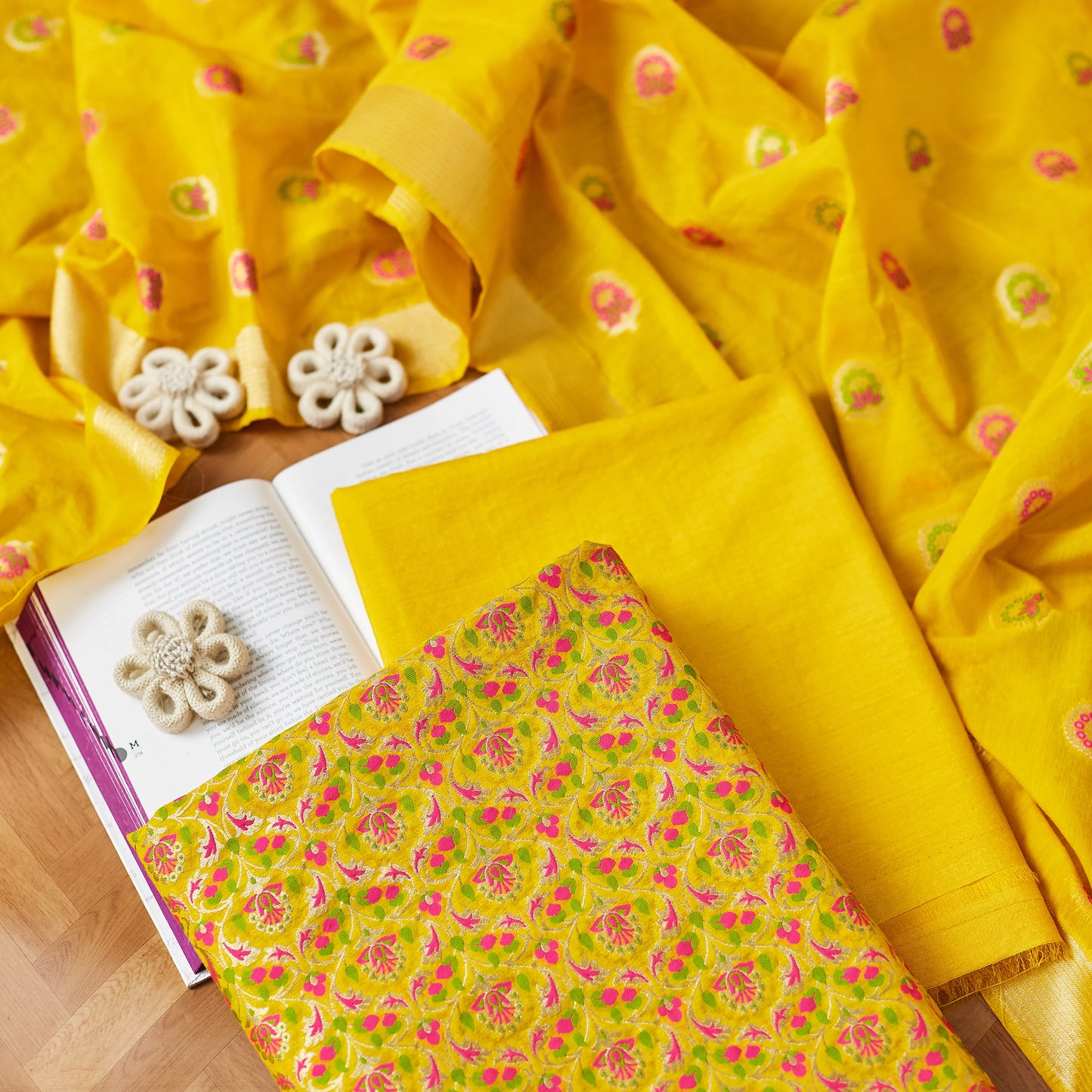 Yellow Full jaal kurta, designer dupatta, plain bottom