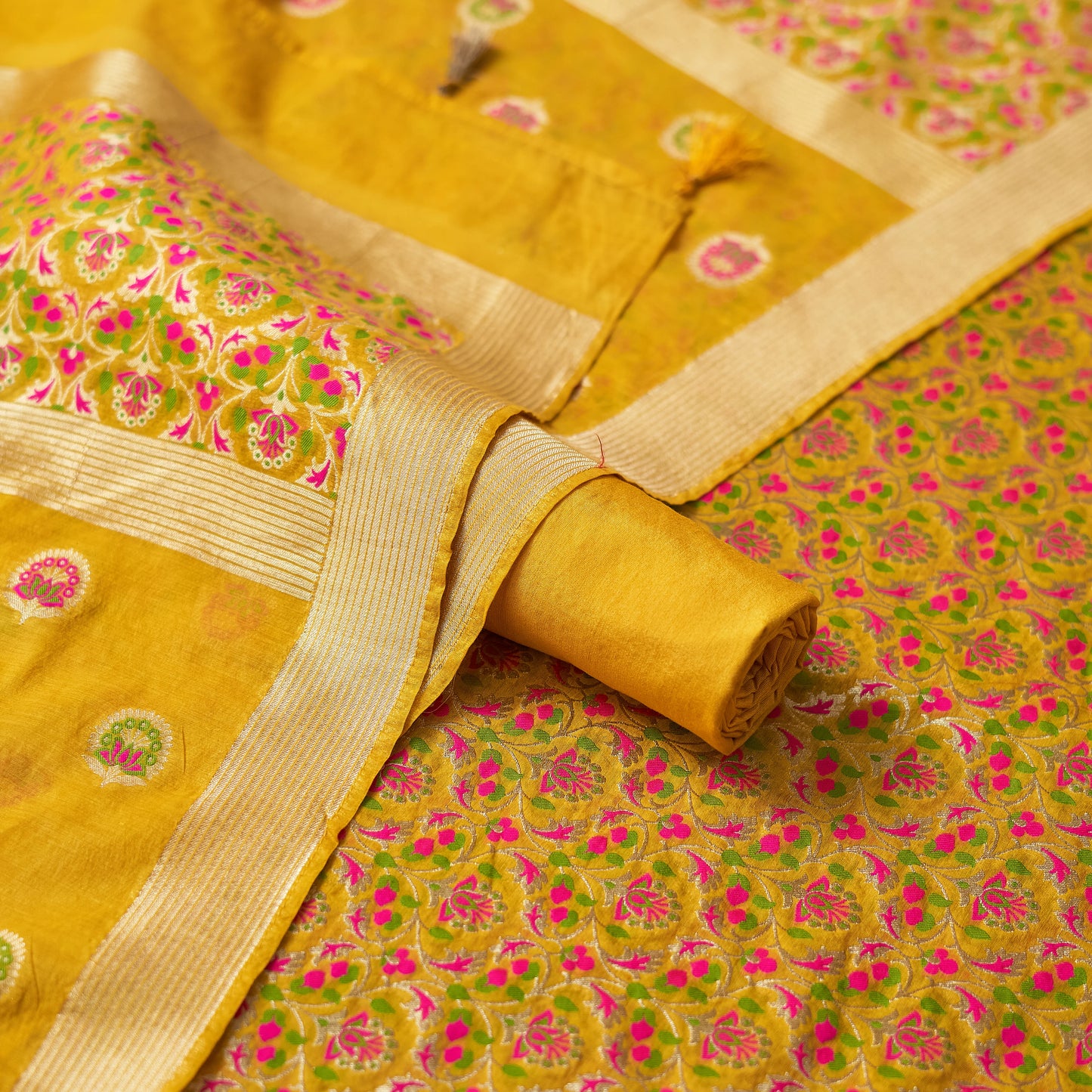 Yellow Full jaal kurta, designer dupatta, plain bottom