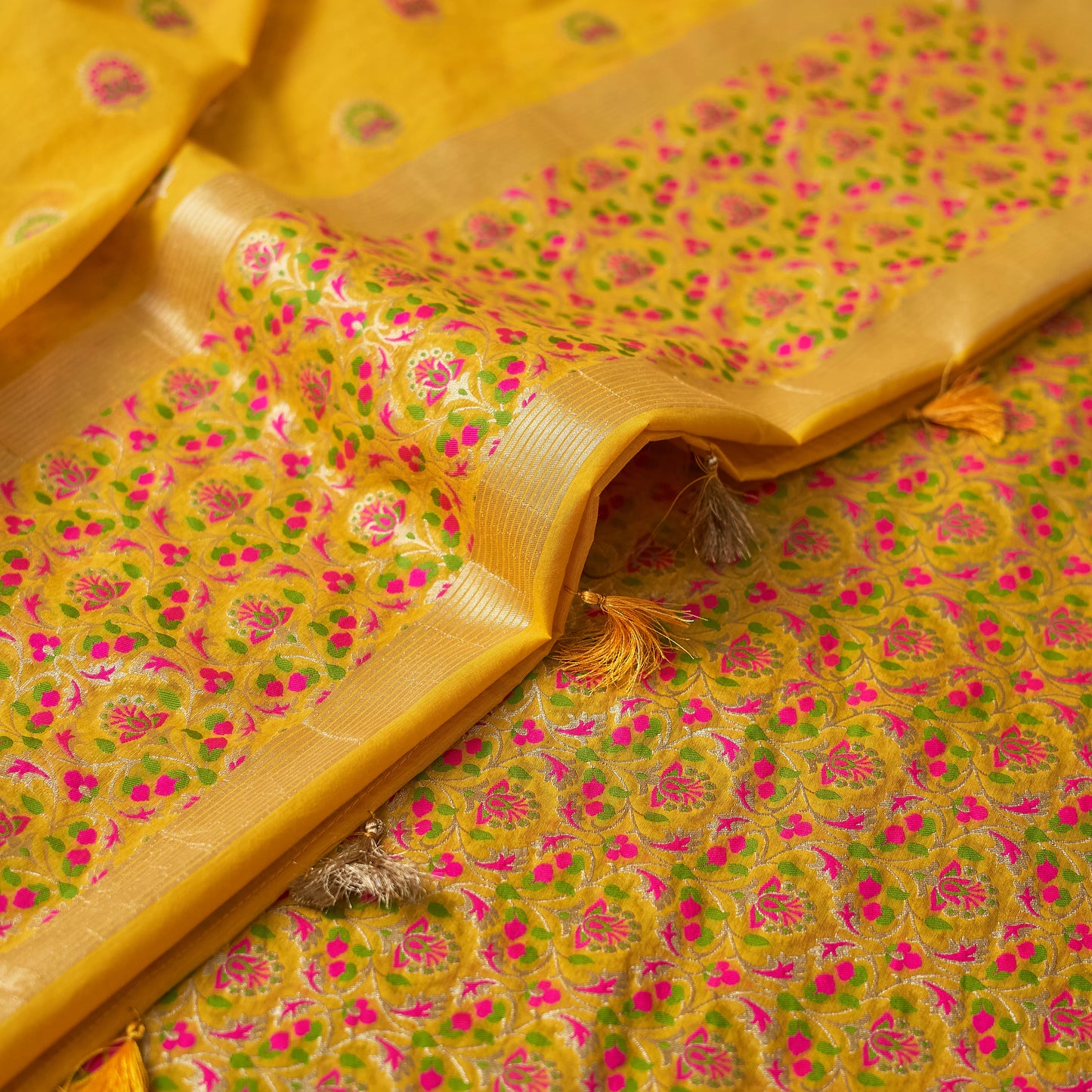 Yellow Full jaal kurta, designer dupatta, plain bottom