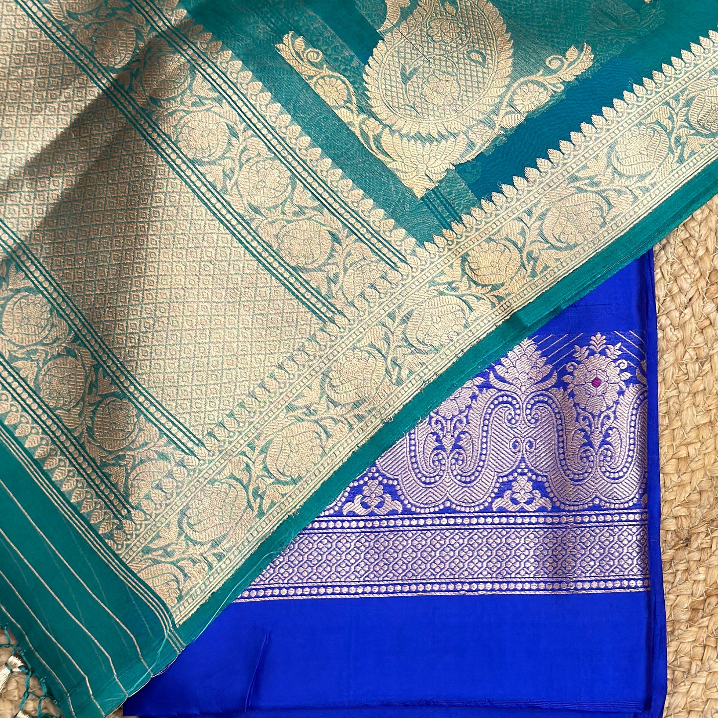 Blue green mango silk with kora dupatta suit set