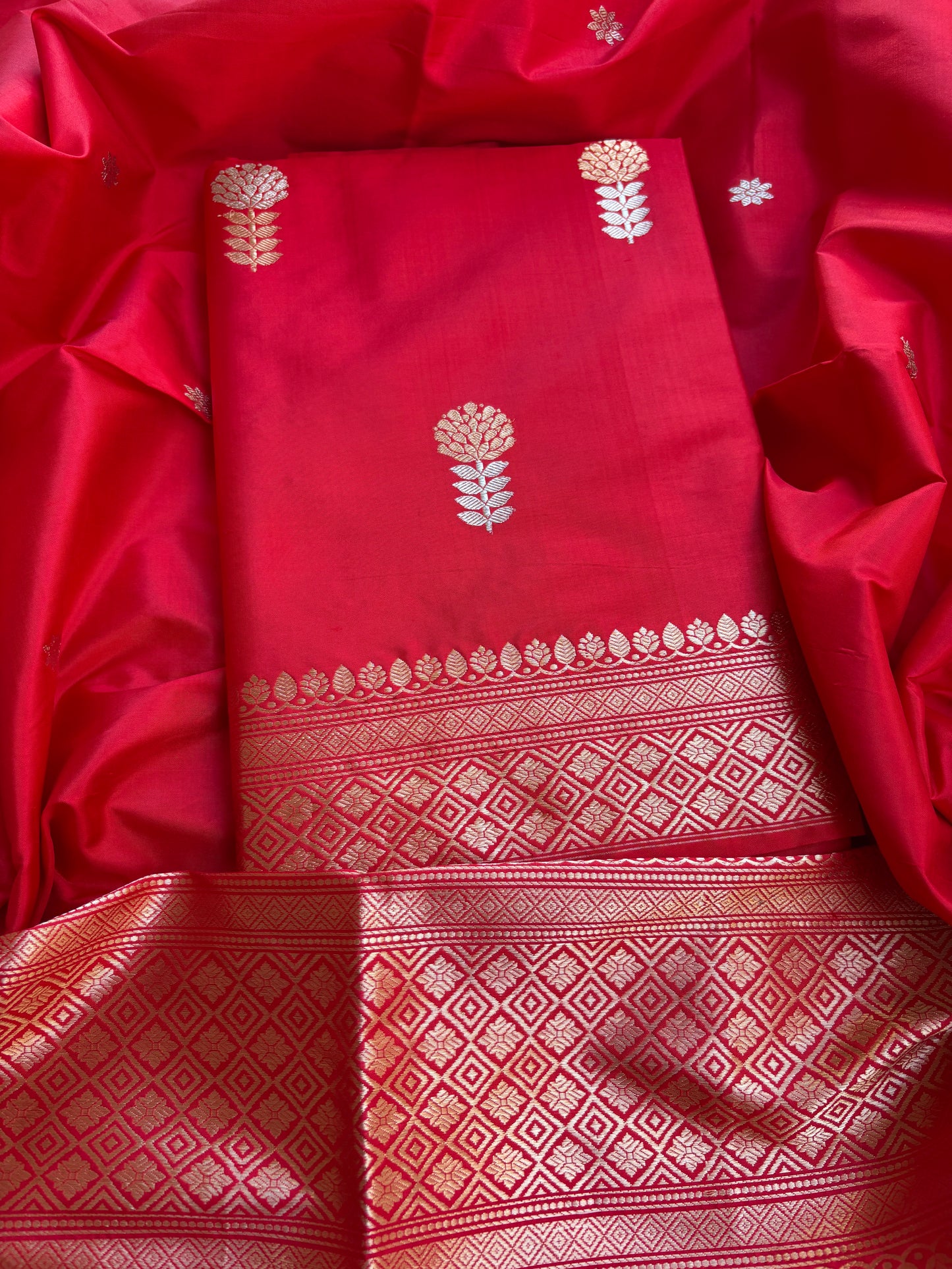 Red katan by katan kadhwa silk suit set