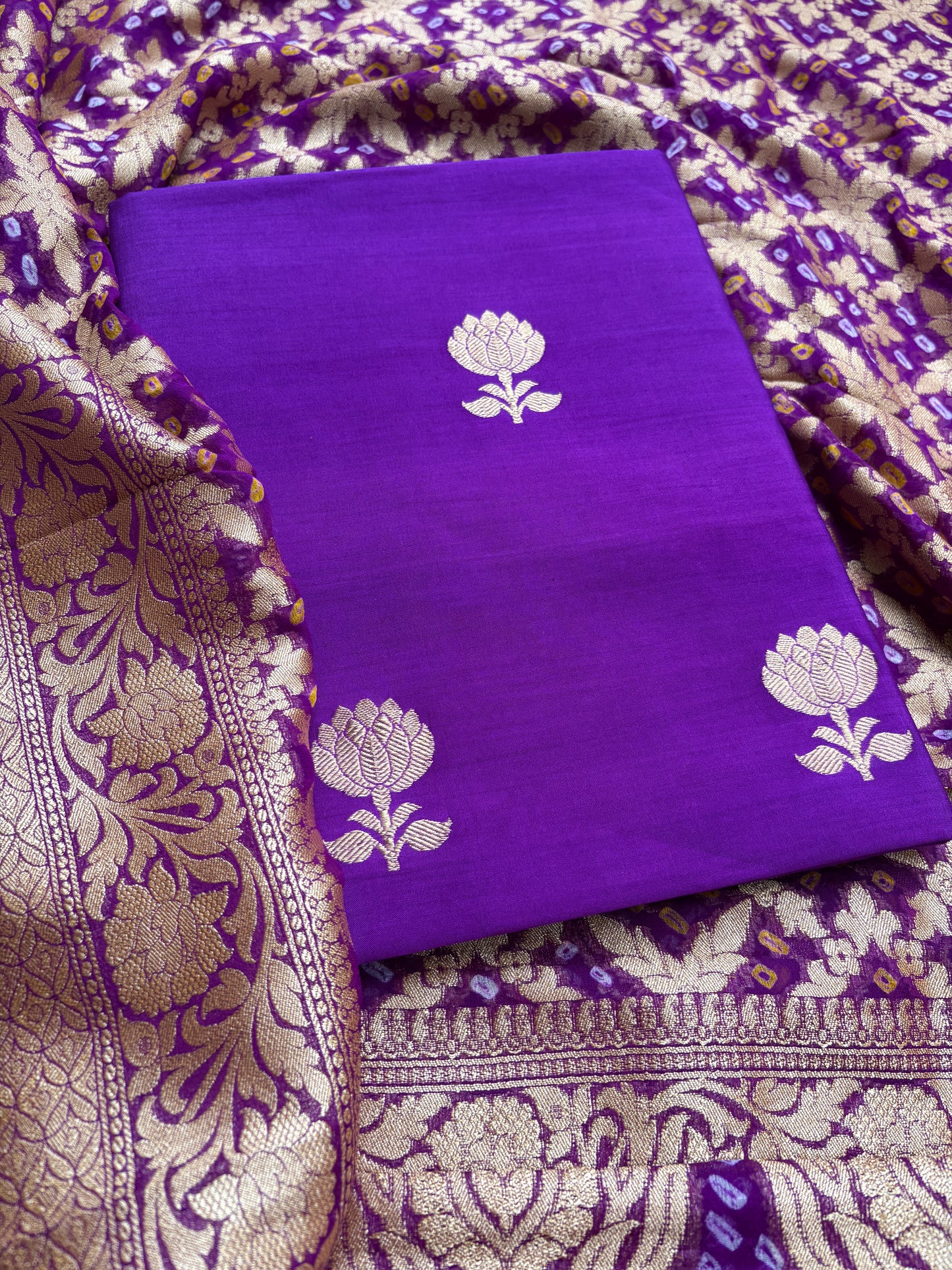Purple Chiniya kurta , bottom khaadi bandhani dupatta