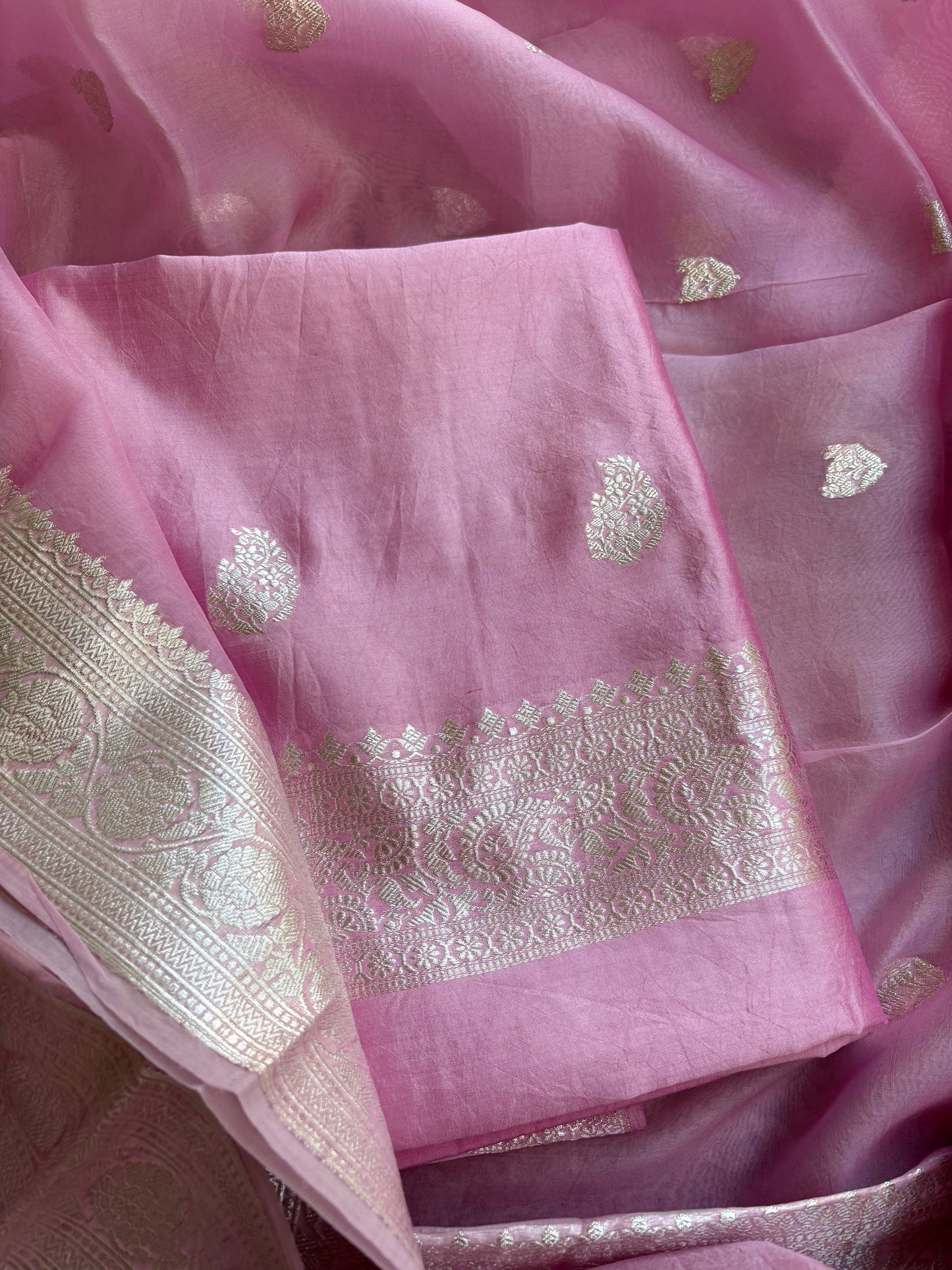Pink Chiniya kora silver zari suit set