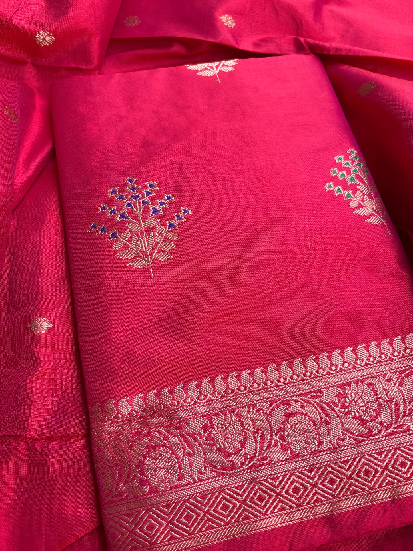 Red pink dhoop chau katan by katan silk suit set