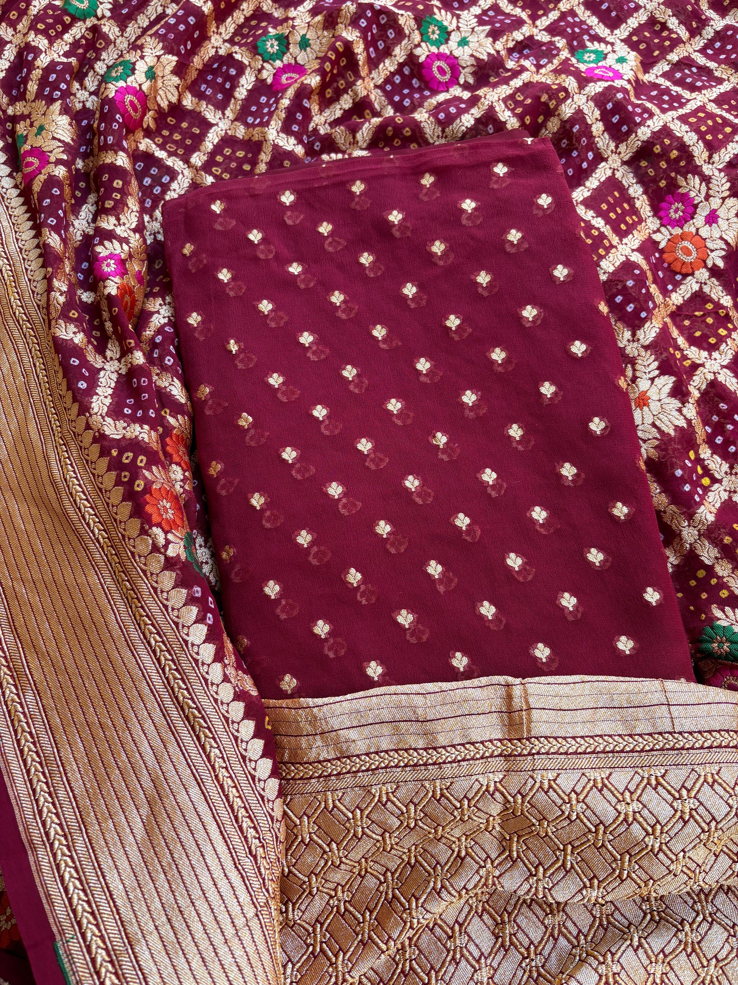 Maroon Khaddi georgette Meenakari suit set