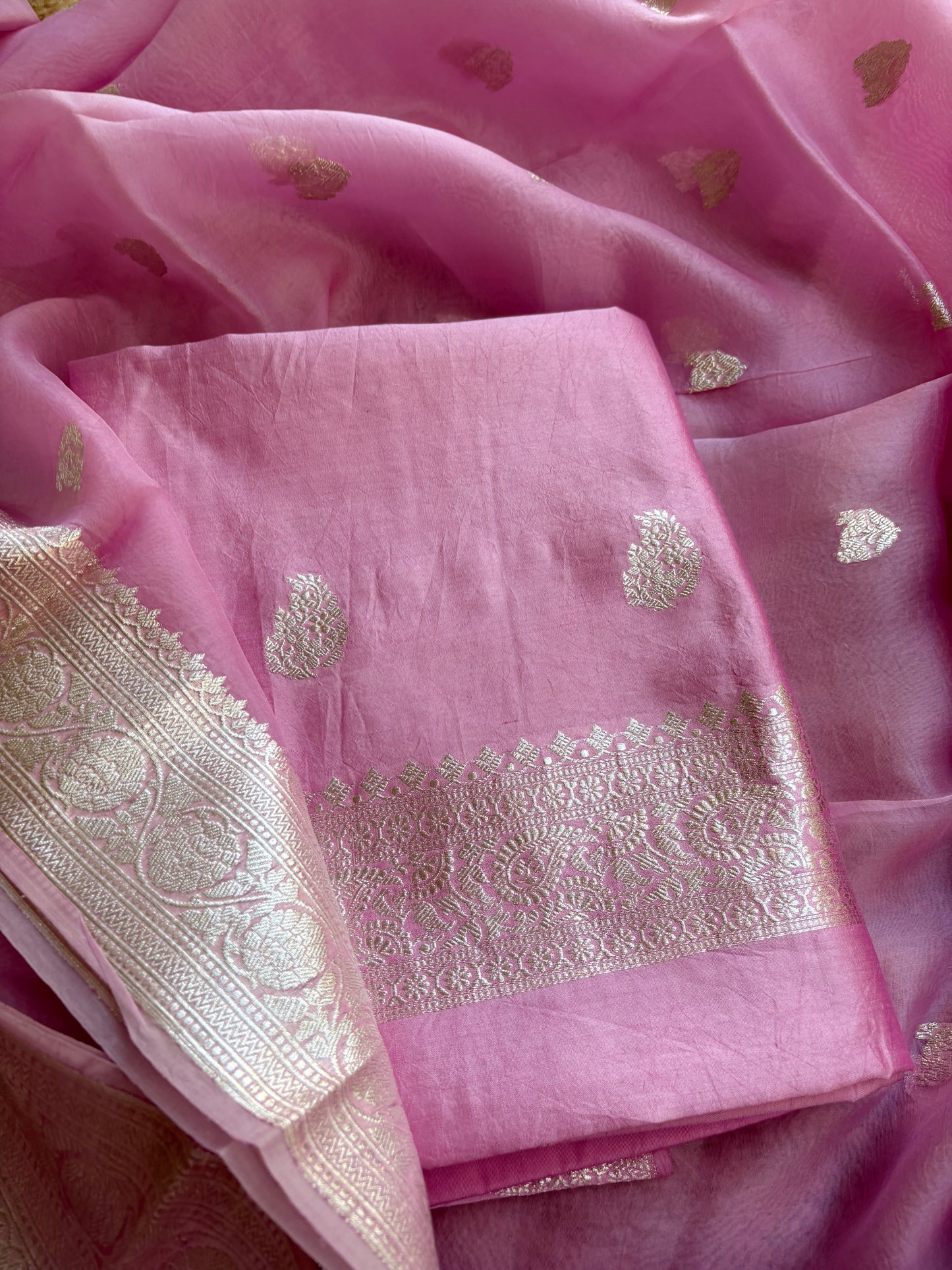 Pink Chiniya kora silver zari suit set