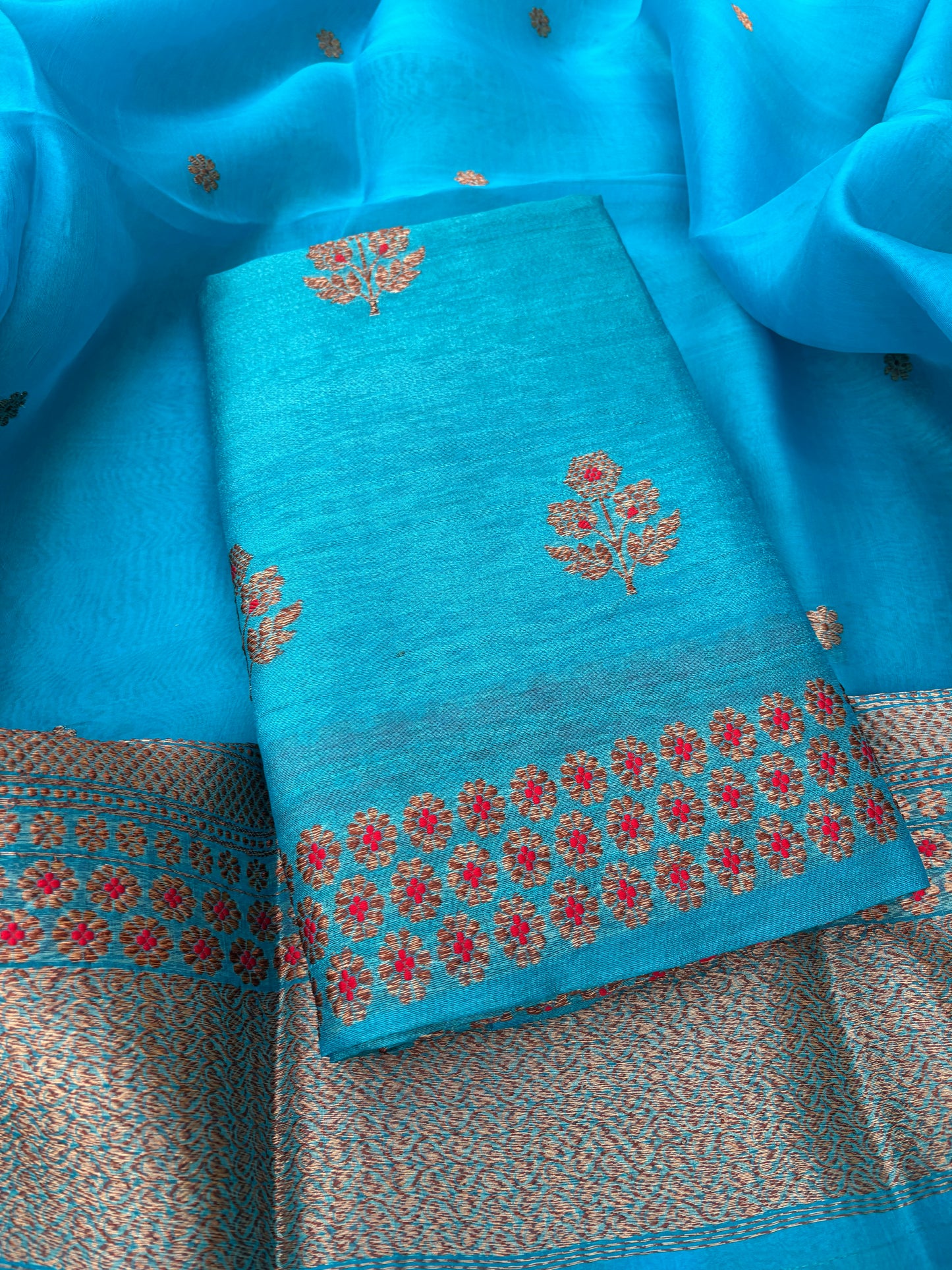 Warm blue raw silk tussar kadhwa suit, kora silk dupatta