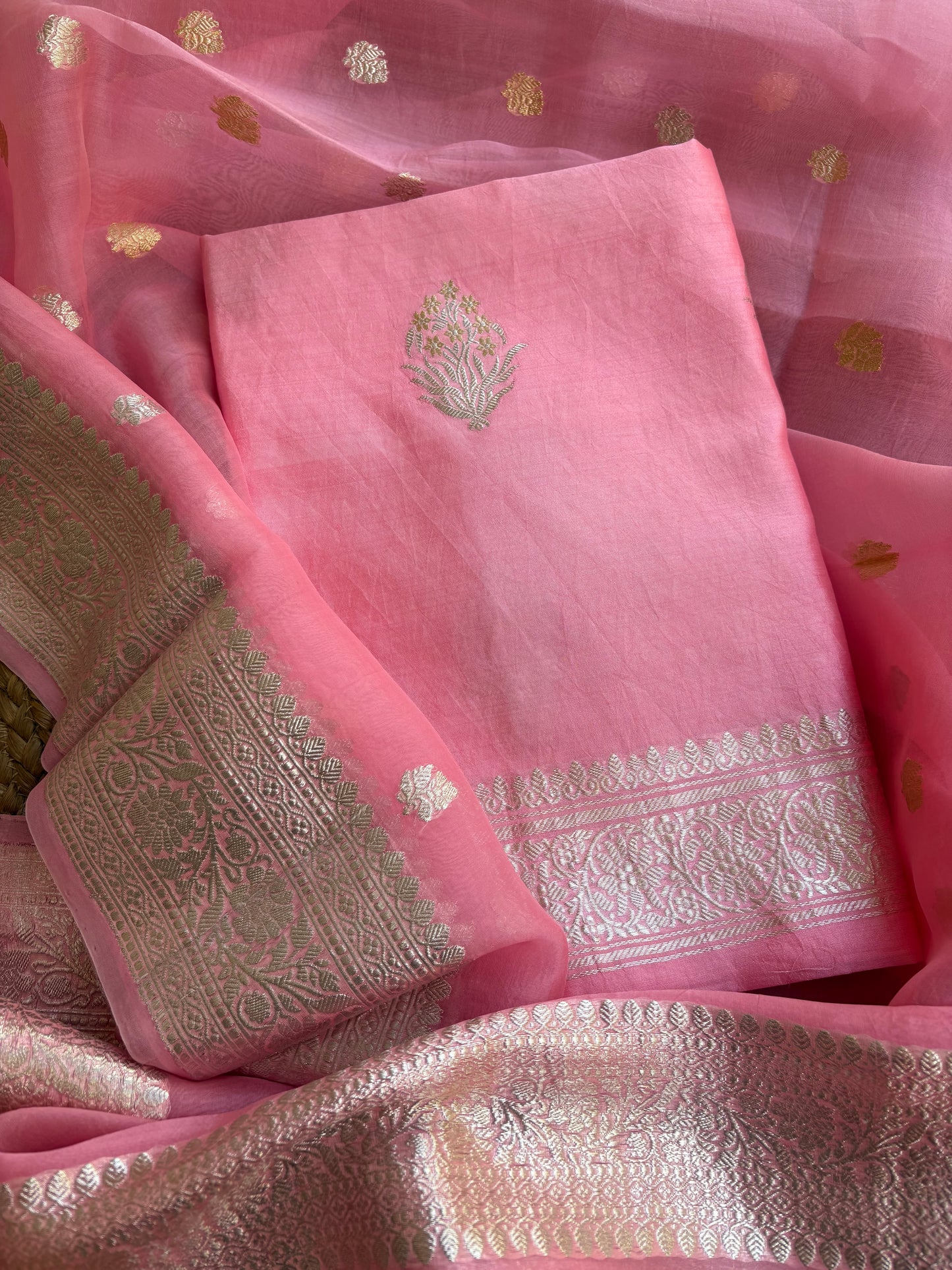 Pink pure silver zari chiniya kurta, kora dupatta, plain silk bottom.