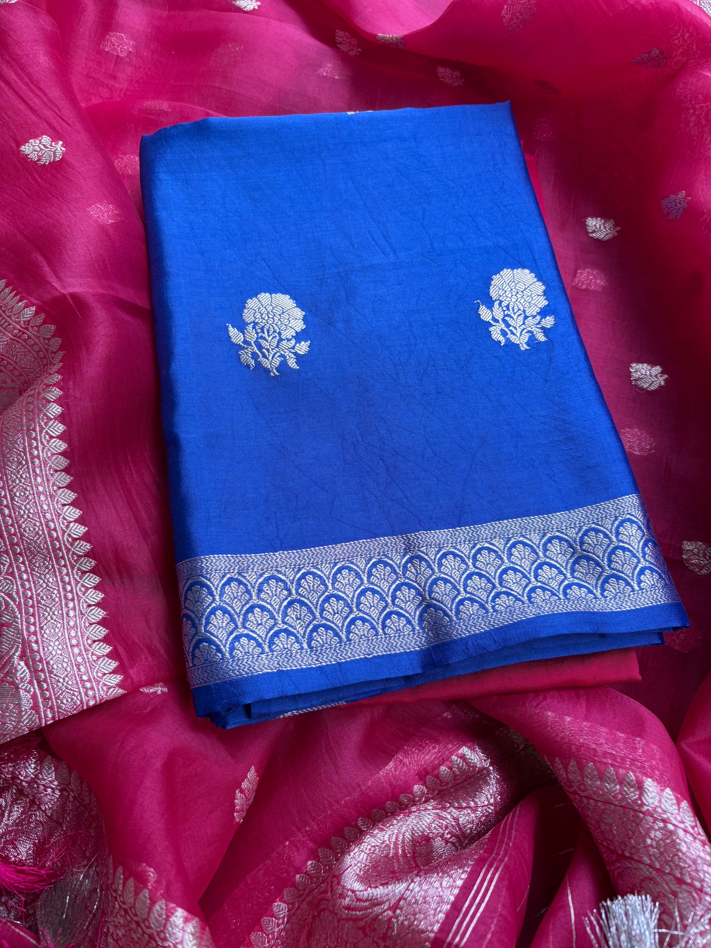 Blue Chiniya silk kurta, pink kora kadhwa dupatta, plain bottom