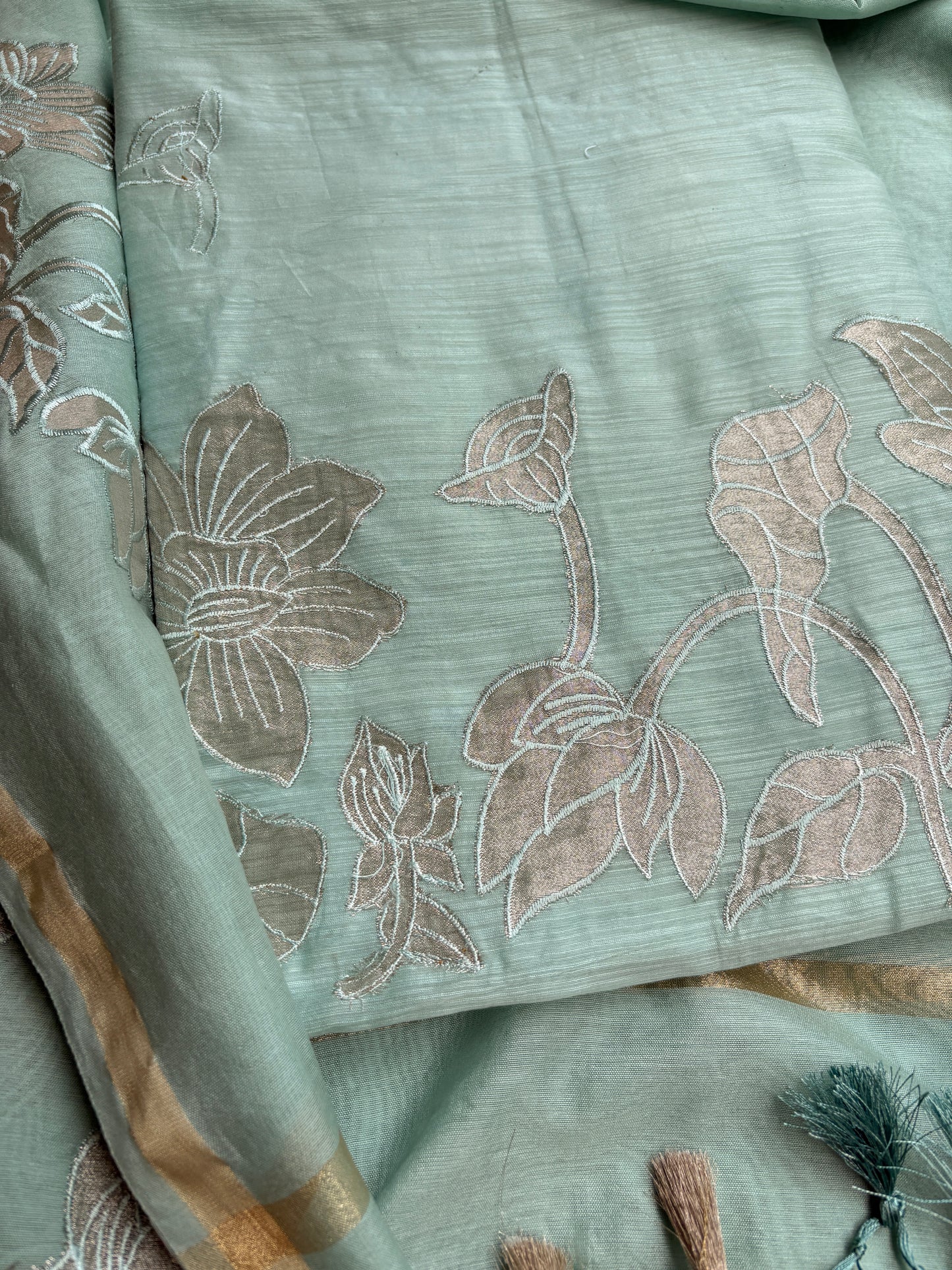 Green applique mul Chanderi 3 piece suit set
