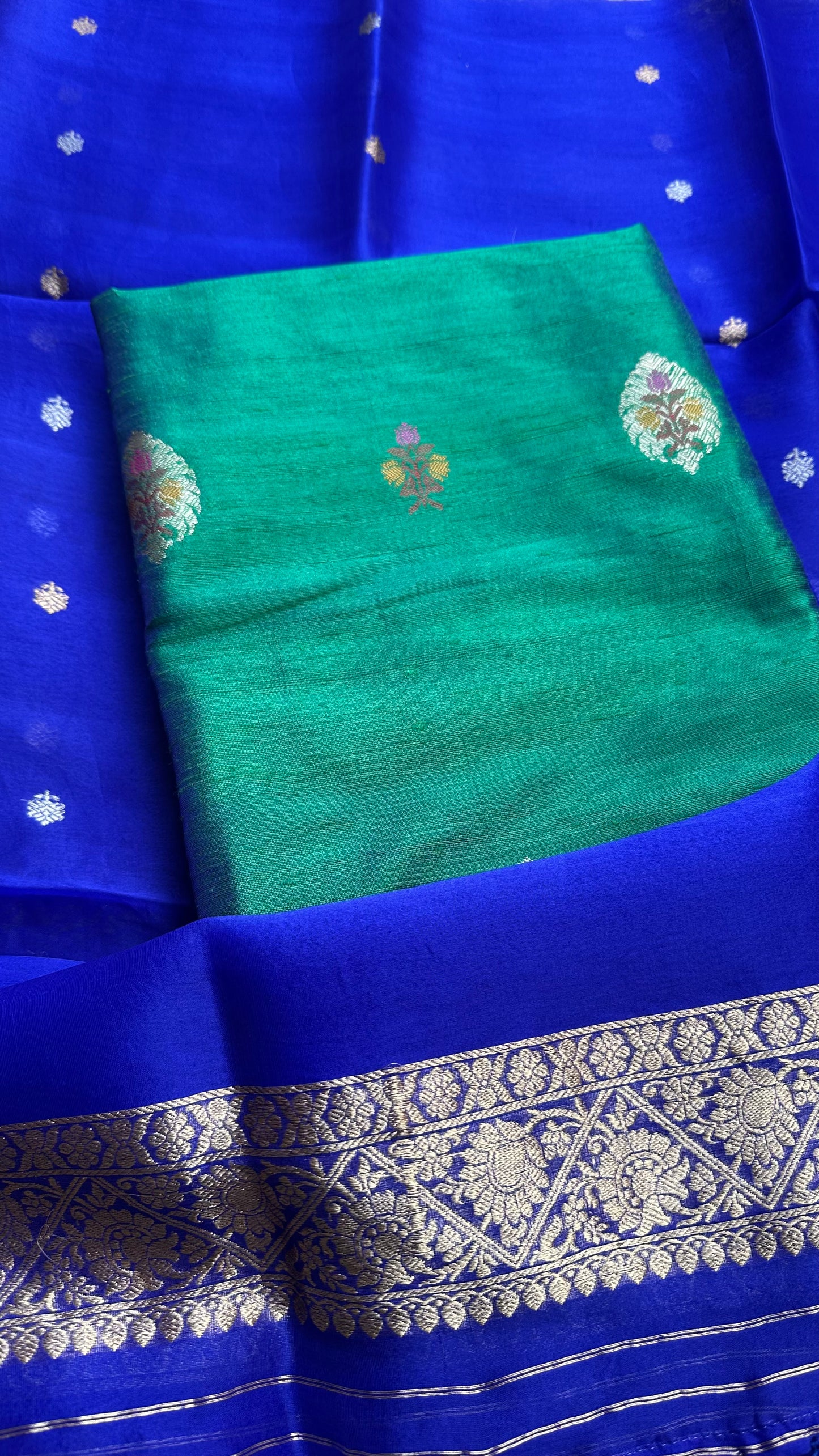 Green raw silk kurta, blue kora silk dupatta, plain raw silk bottom