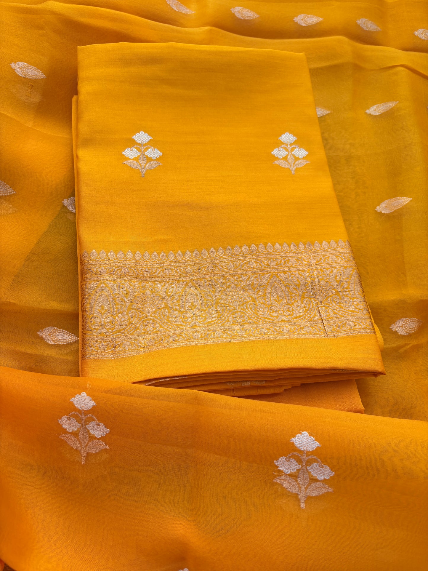 Yellow kora kadhwa silk suit set
