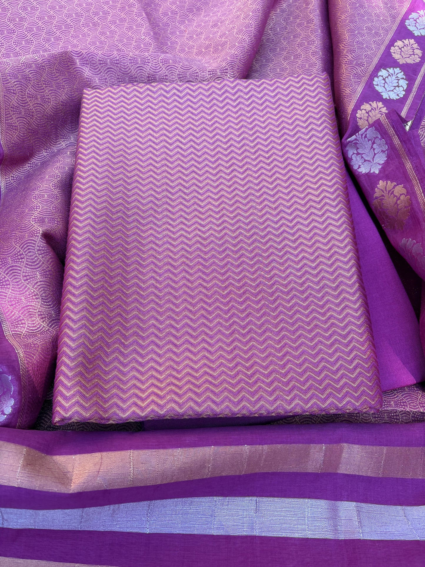 Magenta brocade Chanderi cotton 3 piece suit set