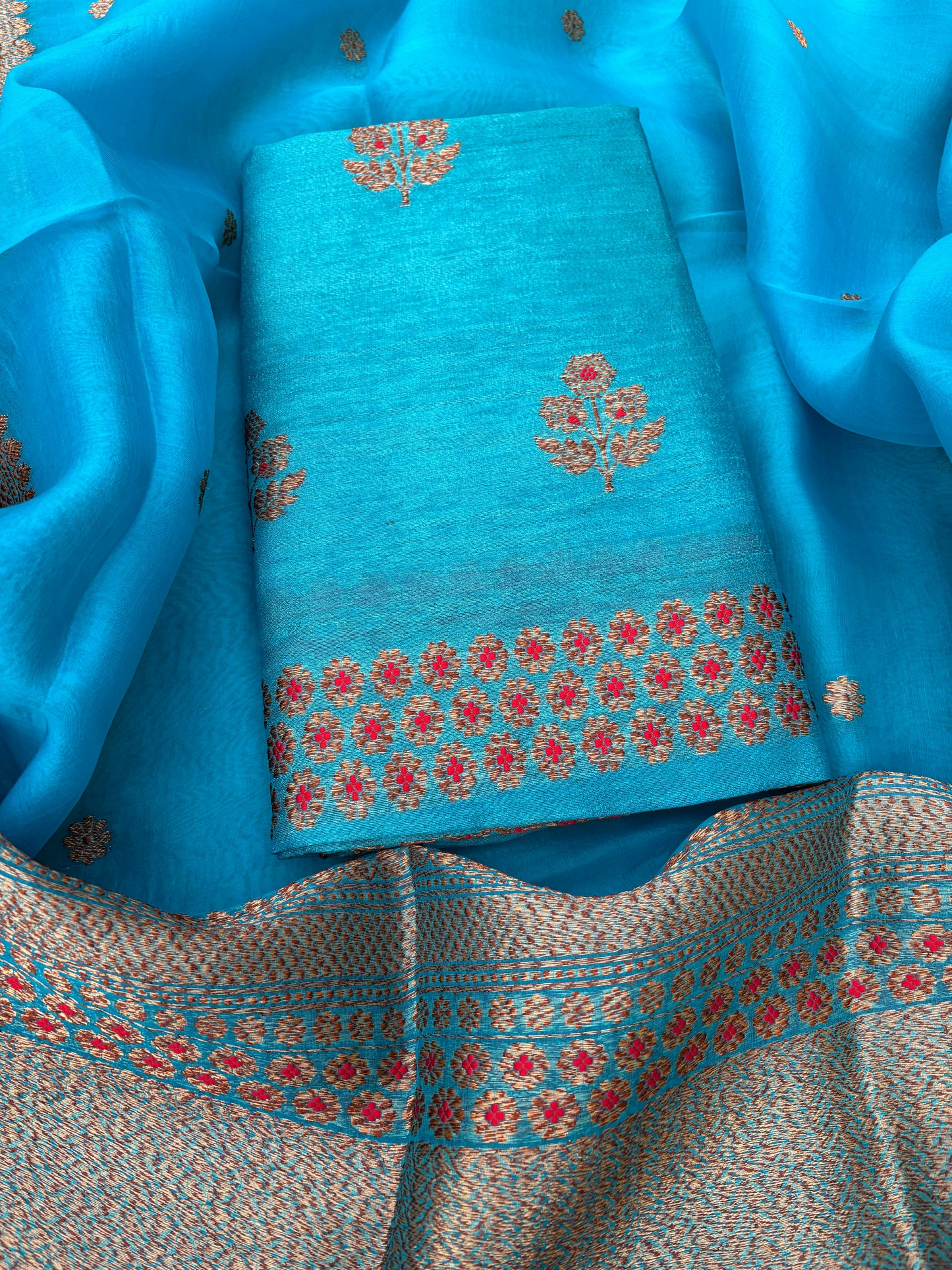 Warm blue raw silk tussar kadhwa suit, kora silk dupatta