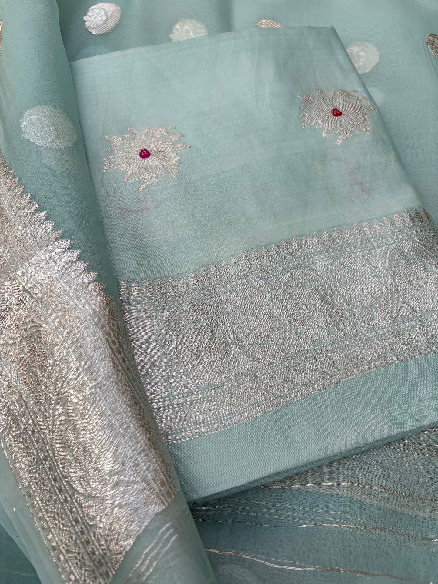 Blue Chiniya kora silver zari 3 piece suit set