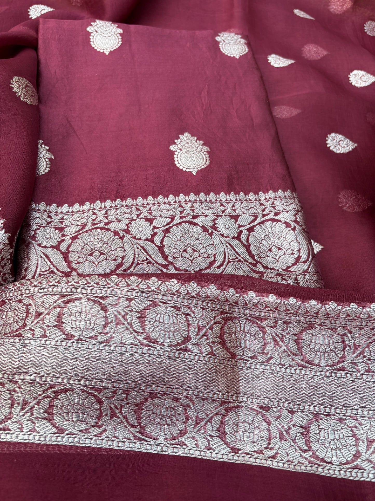 Maroon Chiniya kora silk kadhwa silver zari suit set