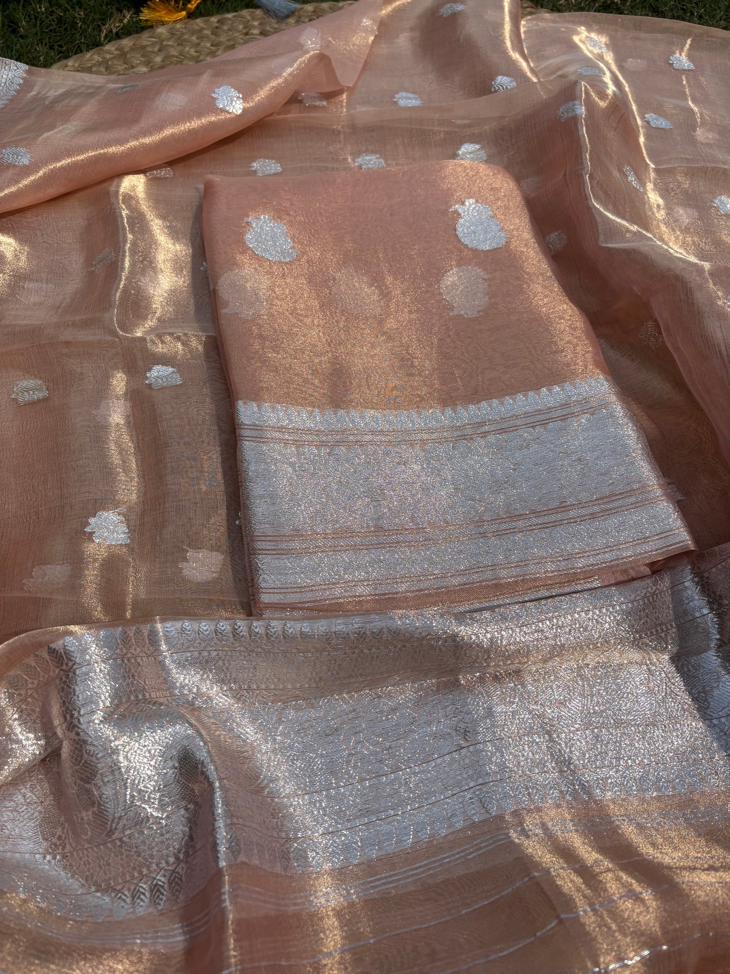 Pink peach silver zari tissue 3 piece suit set