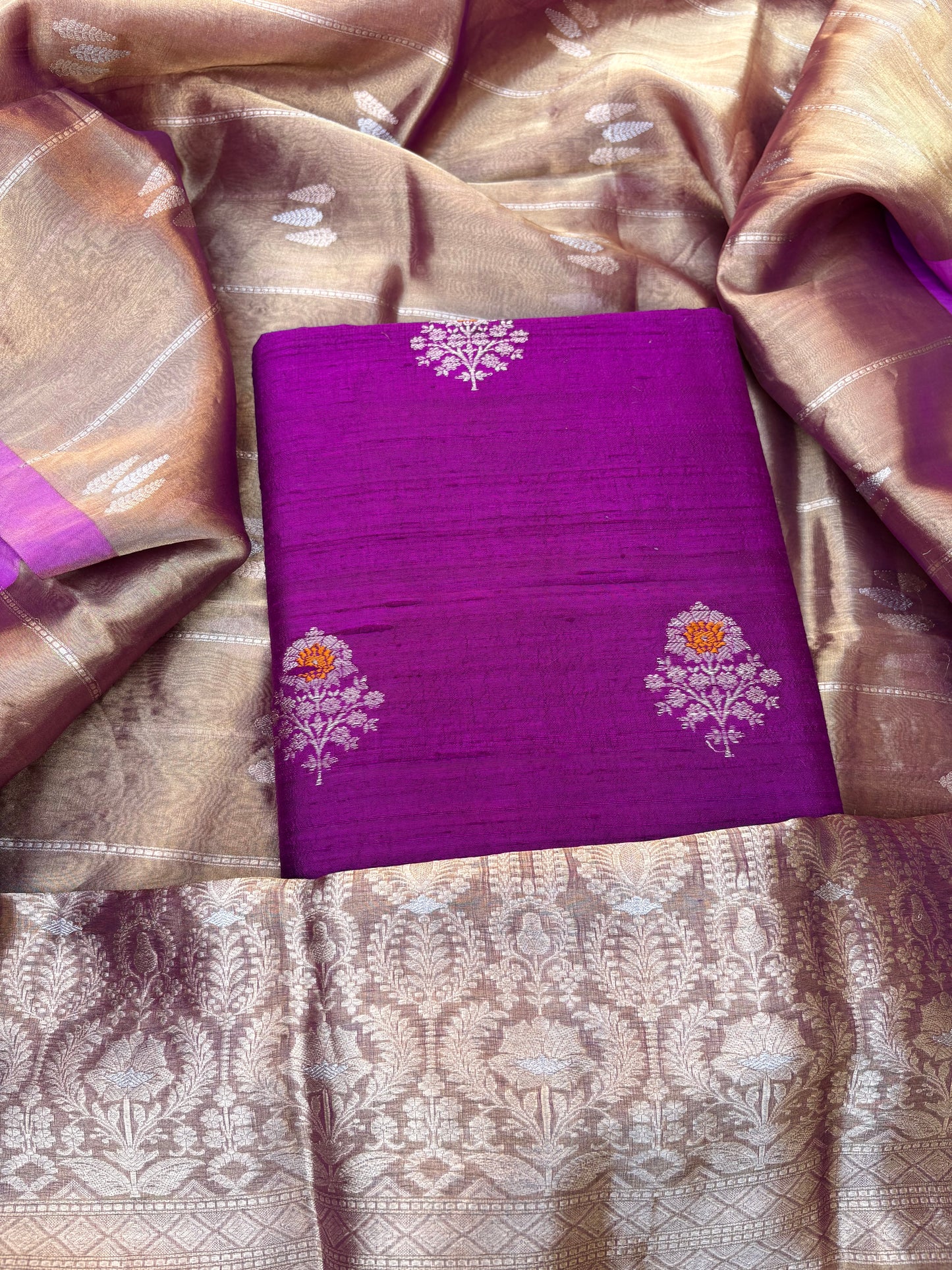 Purple raw silk kurta,bottom, kadhwa tissue dupatta