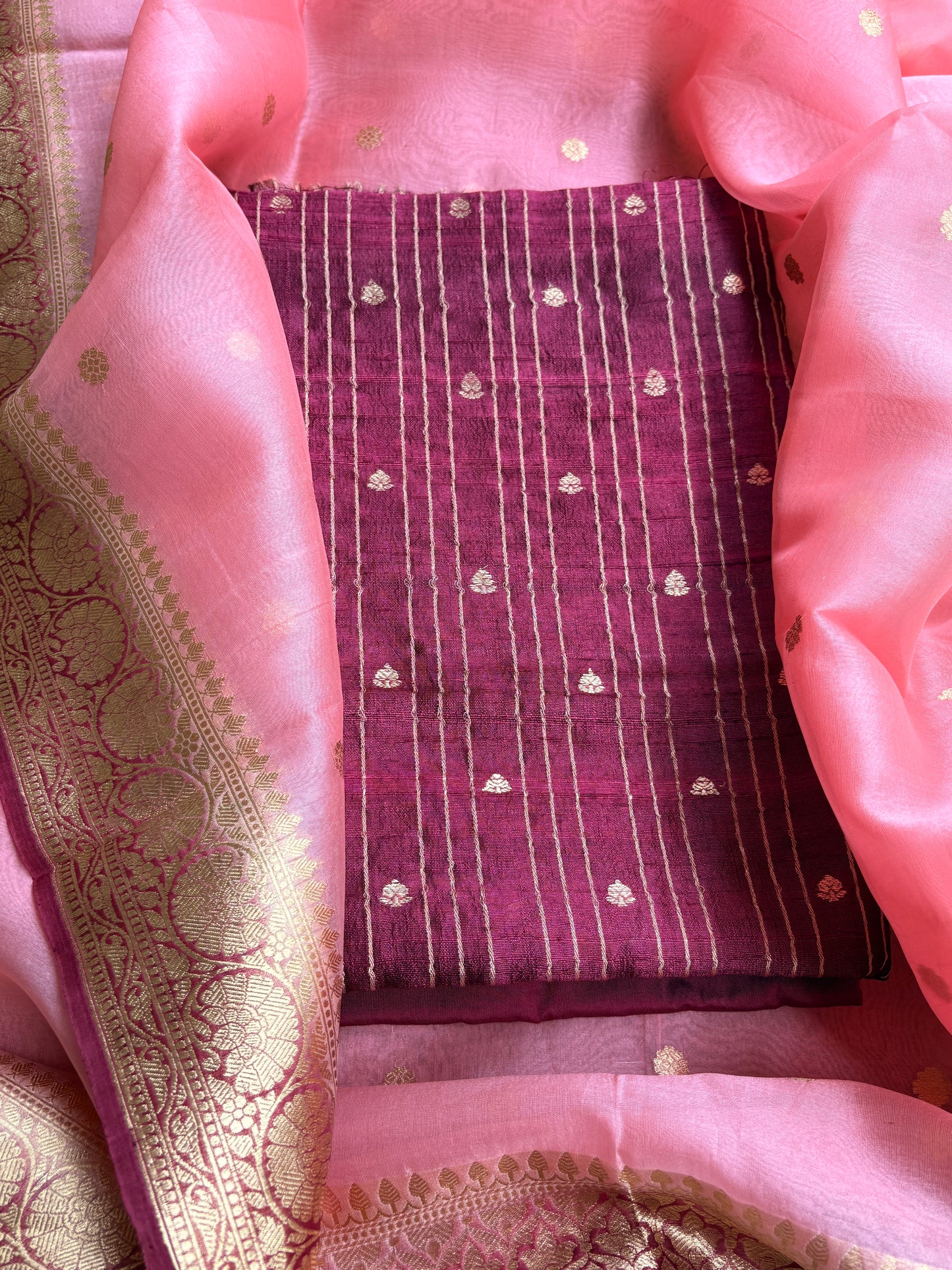Wine raw silk kadhwa with kora kadhwa dupatta