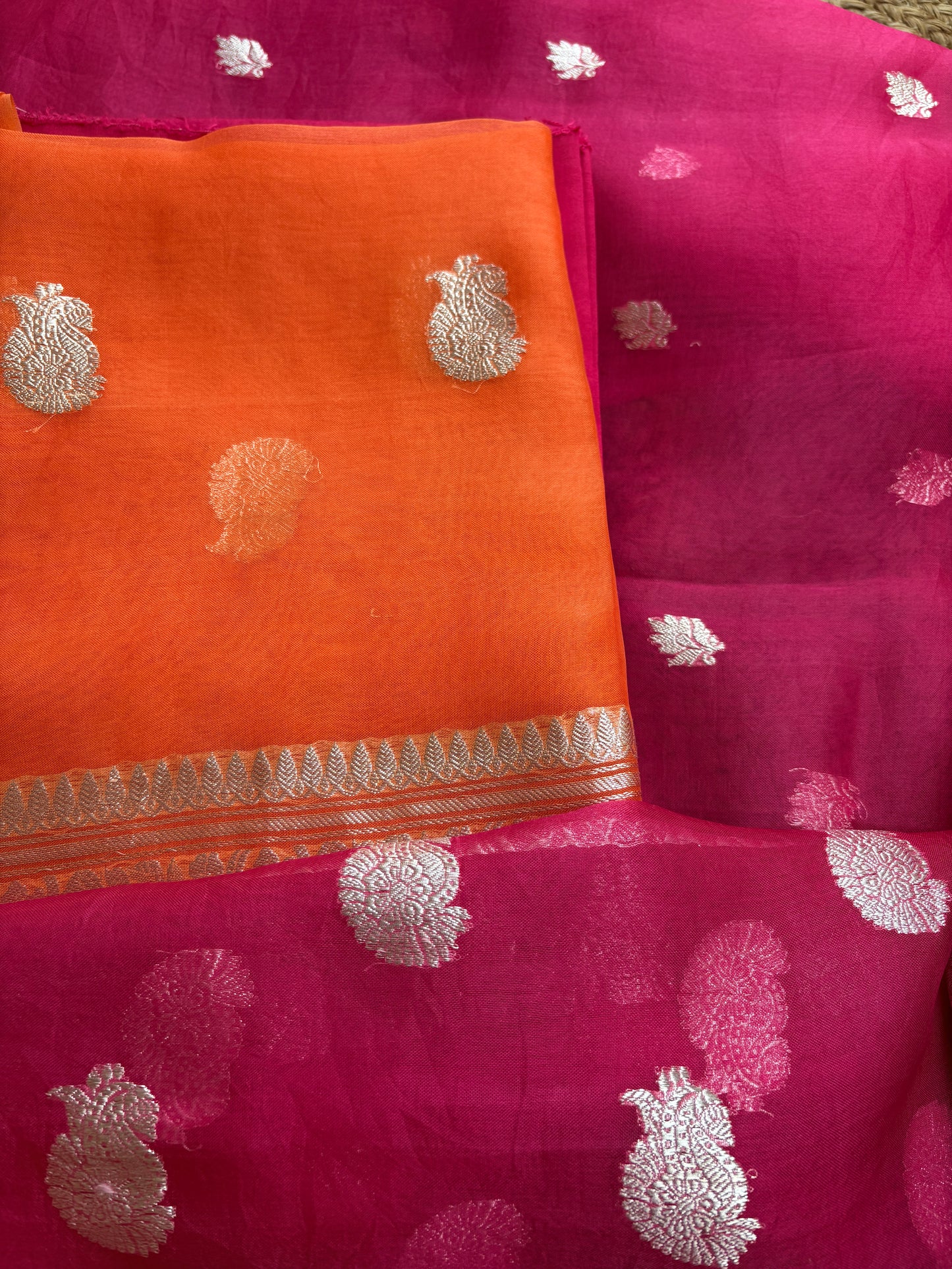Orange pink kora kadhwa silver zari suit set