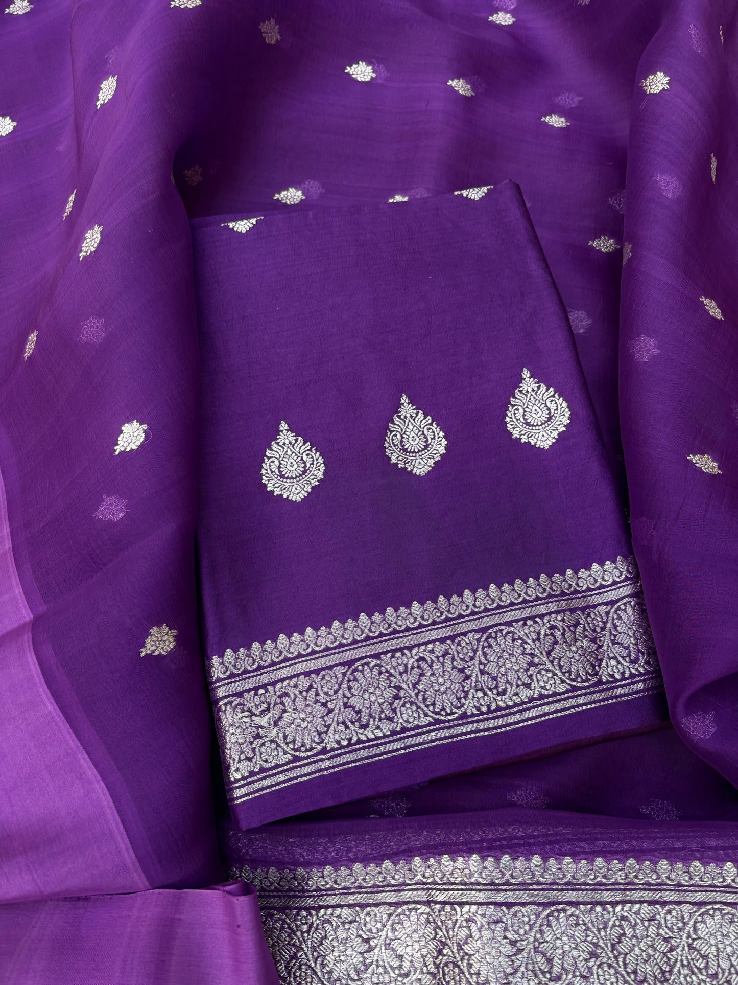 Purple silver zari Chiniya kora silk suit set