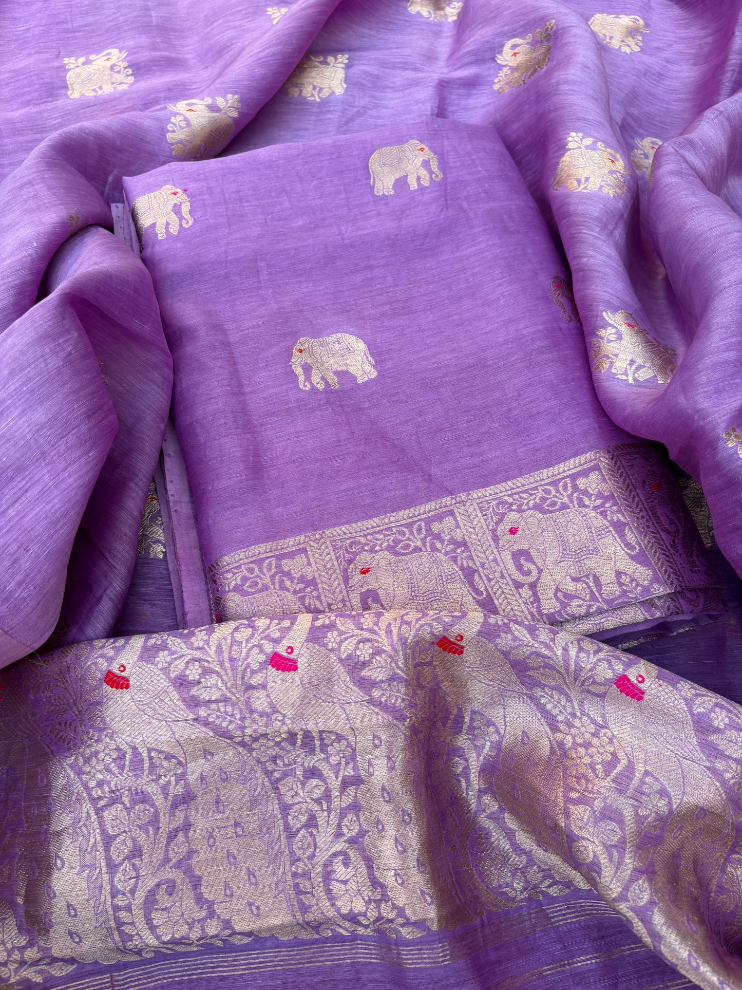 Lavender Linen silk elephant Motif kadhwa suit set