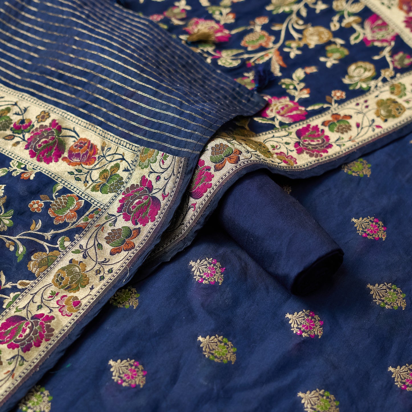 Blue Chanderi cotton 3 piece suit