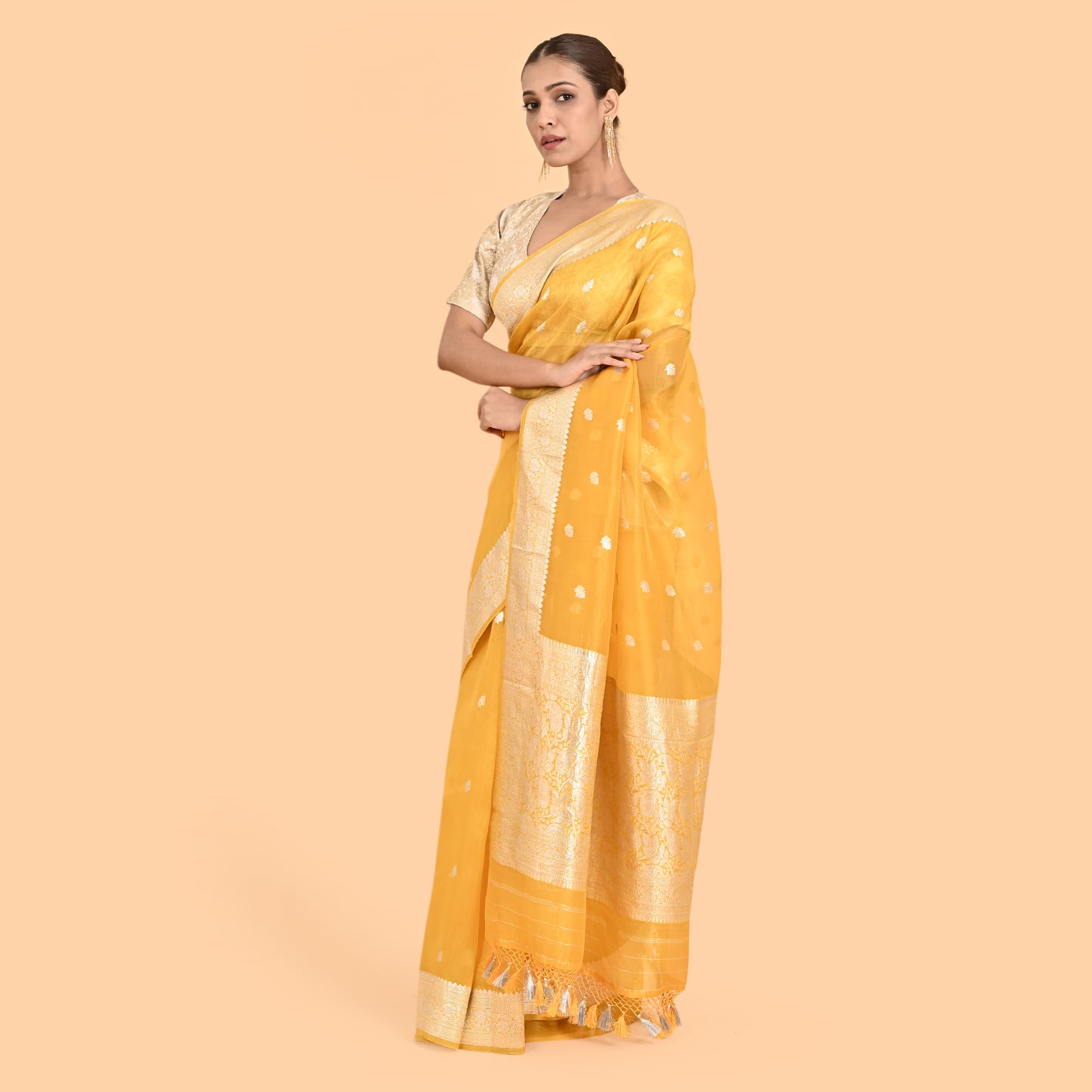 Yellow kora silk silver zari saree