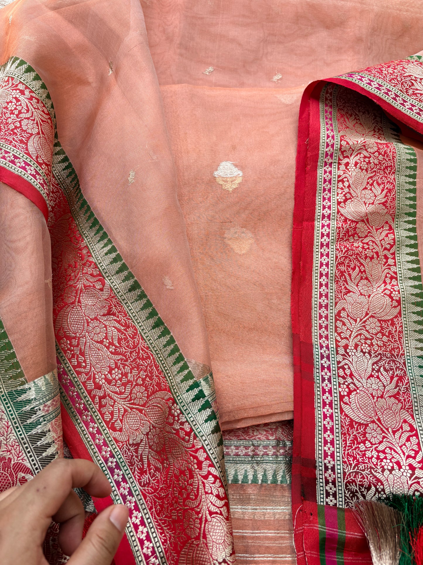 Rust tissue suit with Kora tissue dupatta